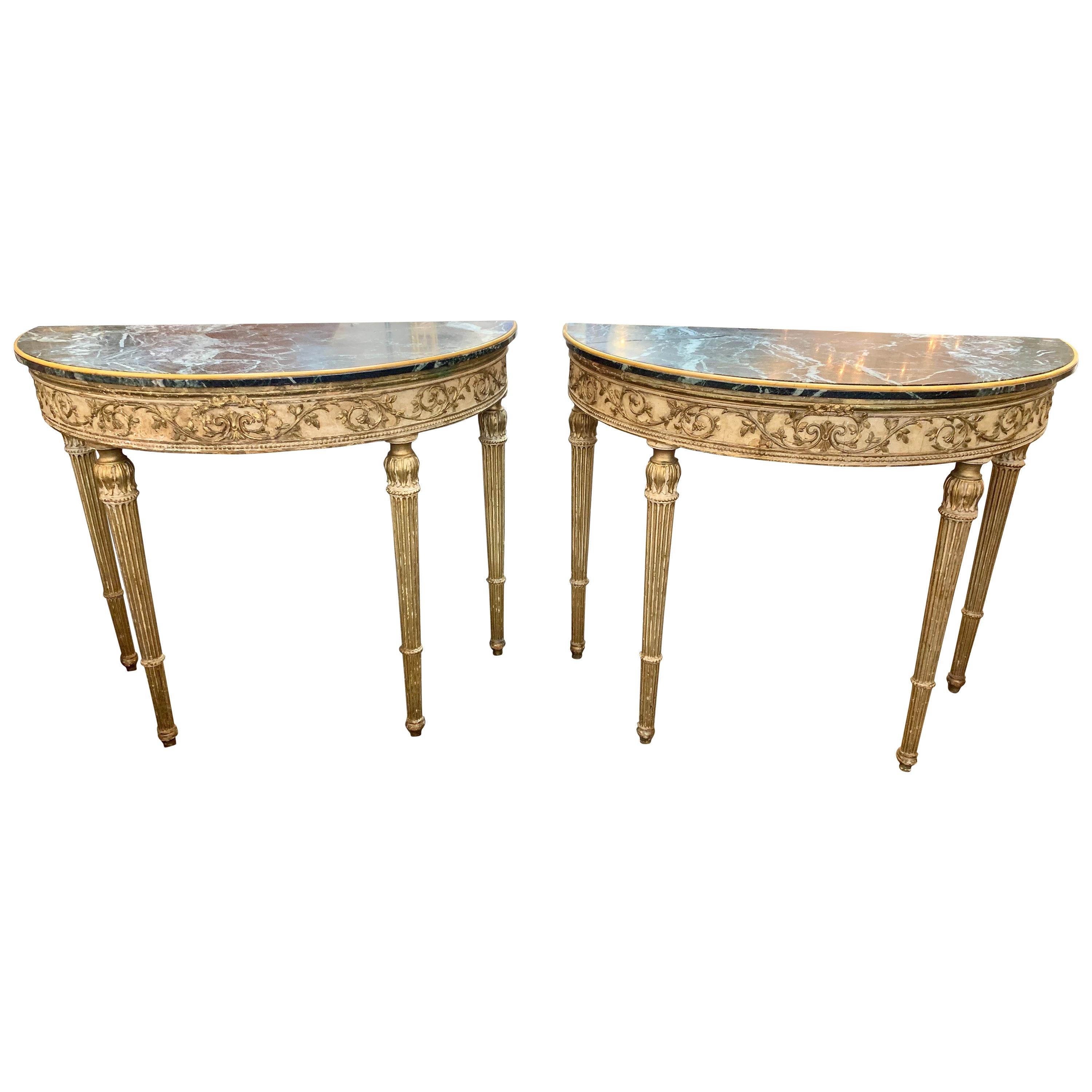 Pair of 19th Century French Louis XVI Style Parcel-Gilt Demi-Lune Consoles
