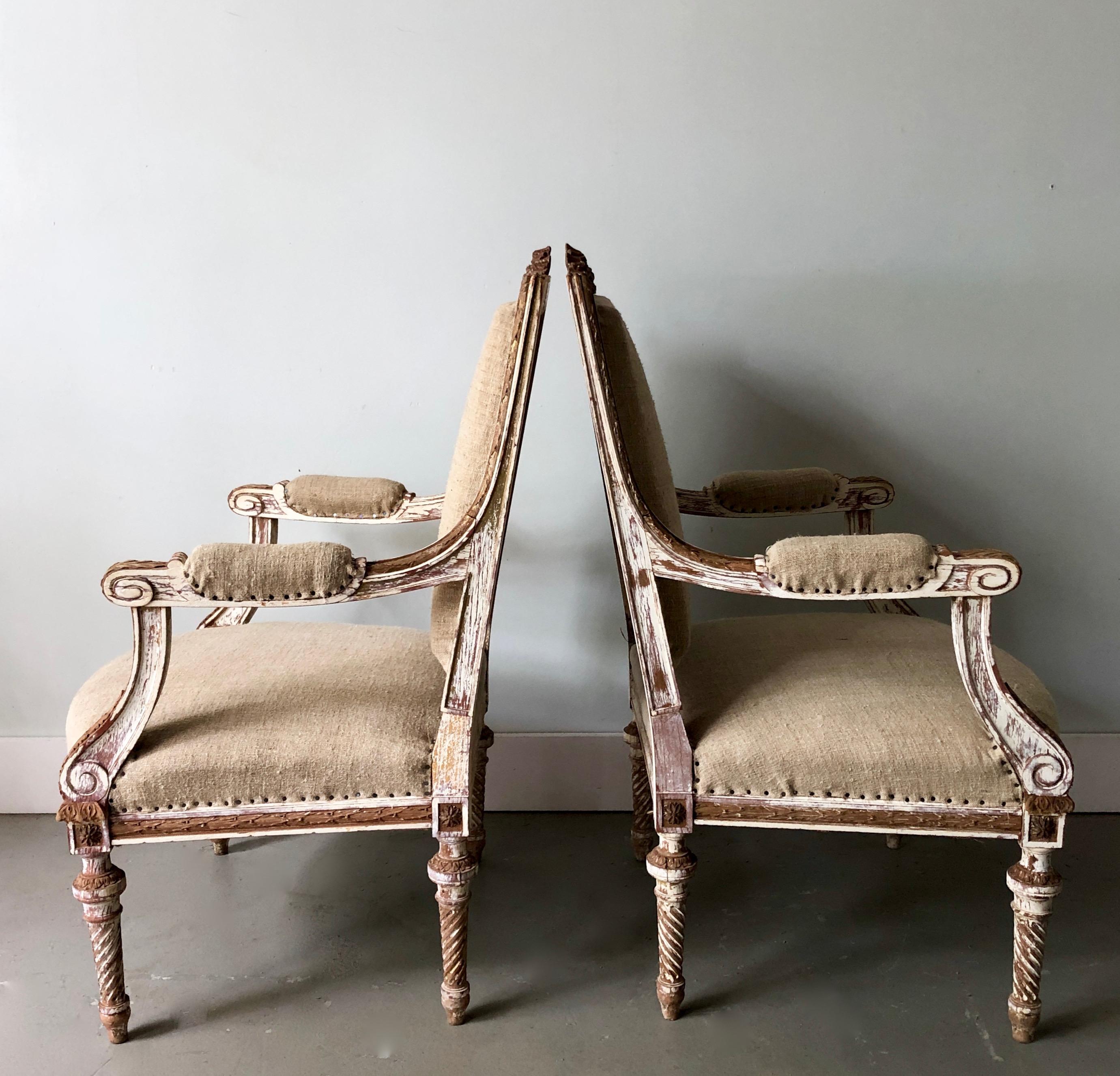 Hand-Carved Pair of 19th Century French Louis XVI Style Square Back Armchairs