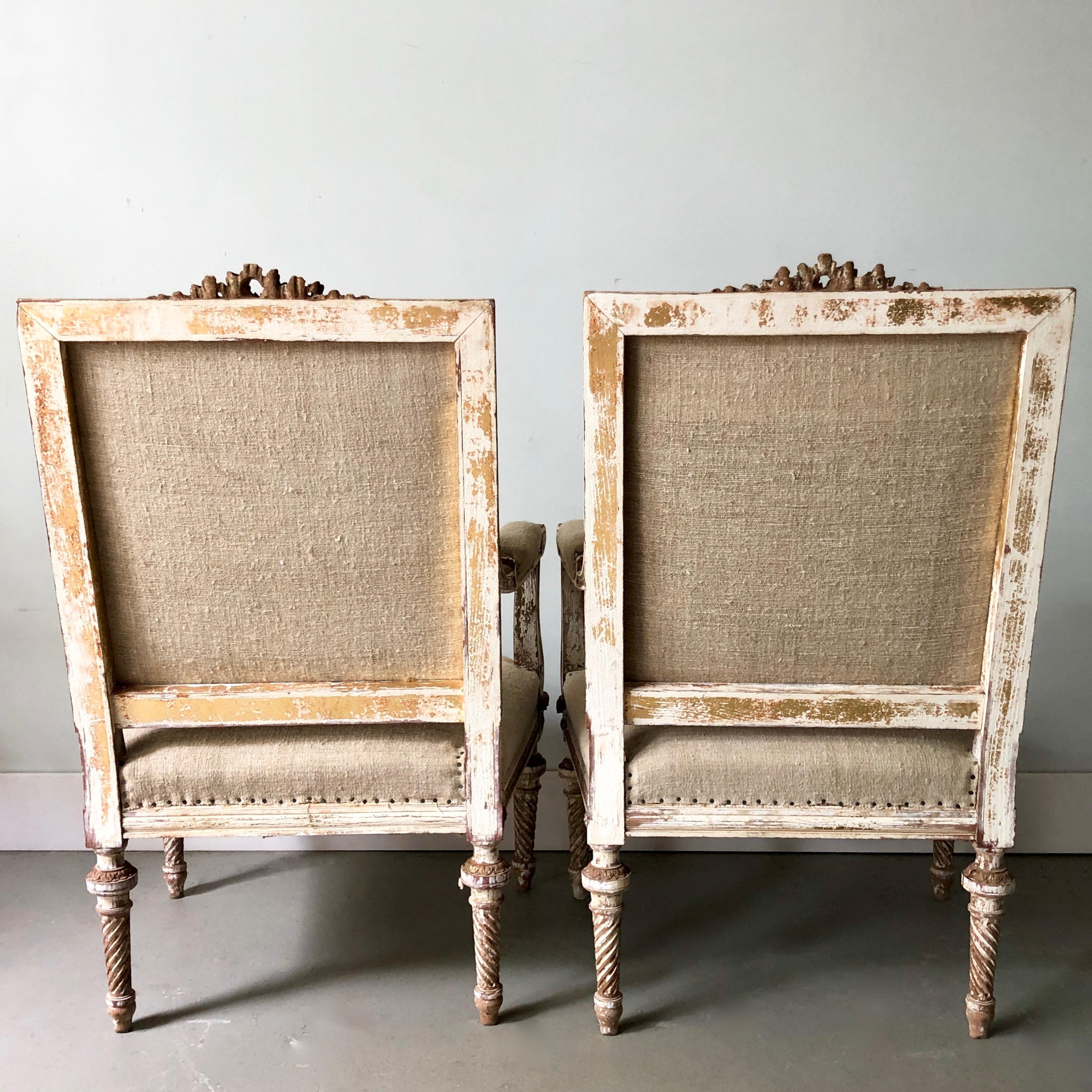 Linen Pair of 19th Century French Louis XVI Style Square Back Armchairs