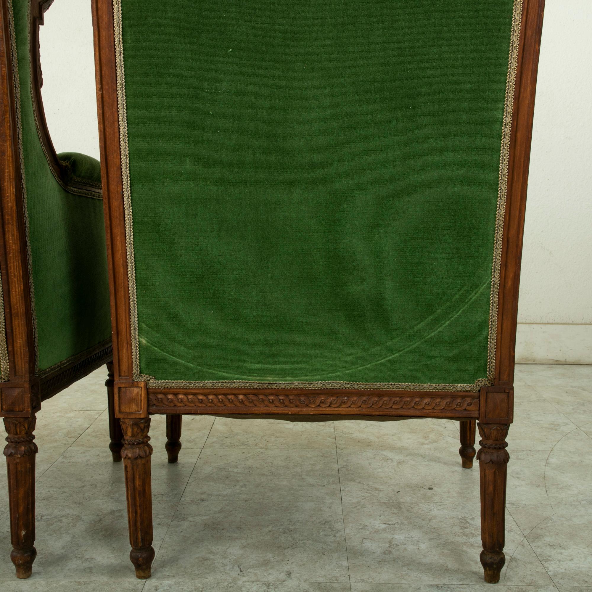 Pair of 19th Century French Louis XVI Style Walnut Wingback Armchairs, Bergeres 7