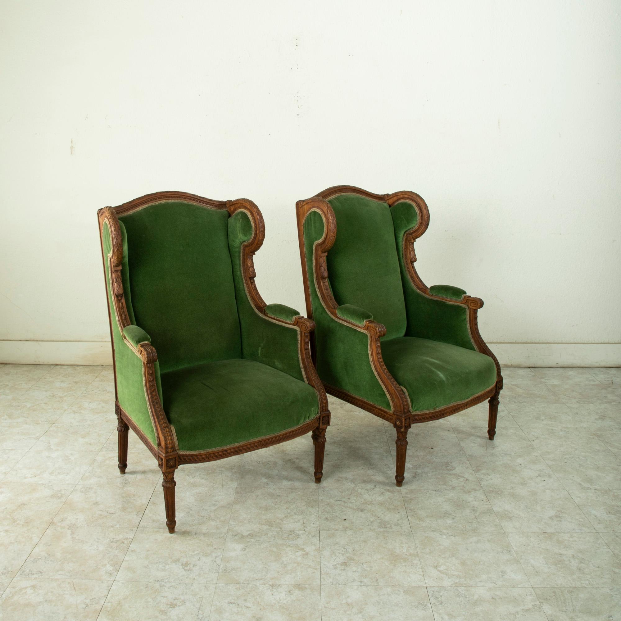 Pair of 19th Century French Louis XVI Style Walnut Wingback Armchairs, Bergeres 1