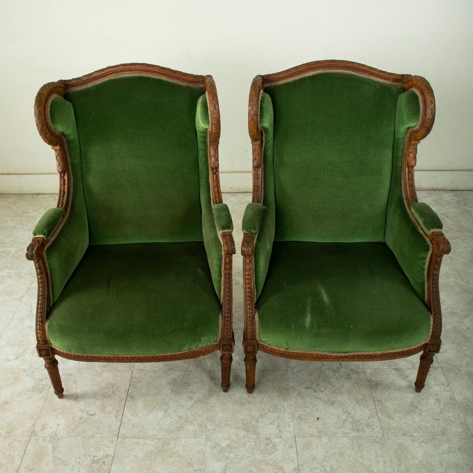 Pair of 19th Century French Louis XVI Style Walnut Wingback Armchairs, Bergeres 2