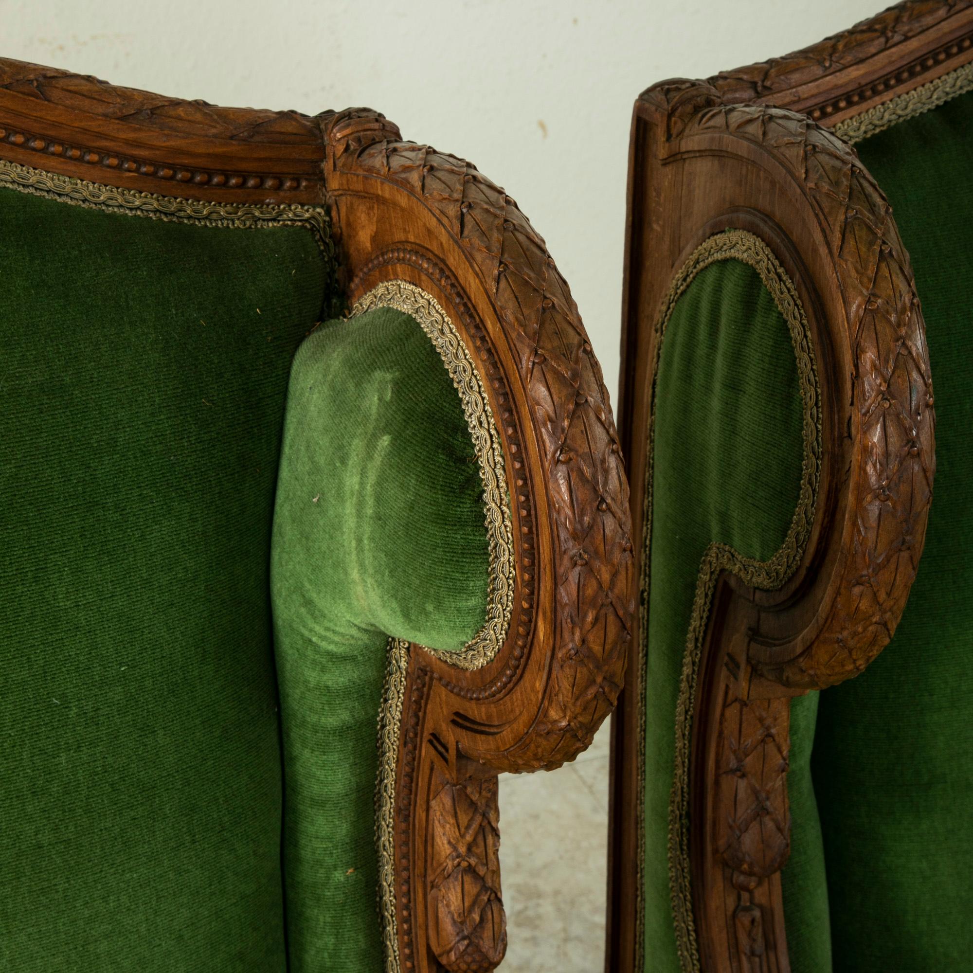 Pair of 19th Century French Louis XVI Style Walnut Wingback Armchairs, Bergeres 3