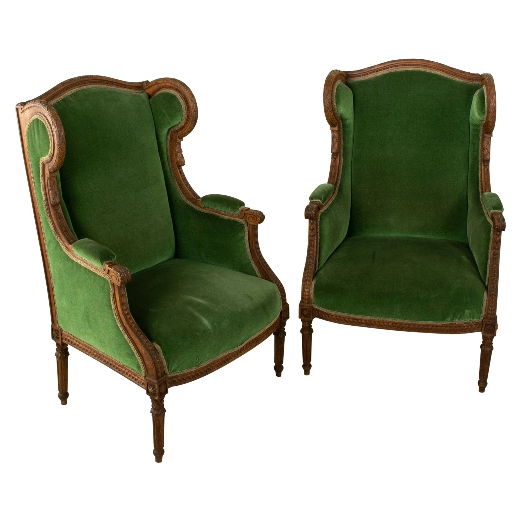 Pair of 19th Century French Louis XVI Style Walnut Wingback Armchairs, Bergeres