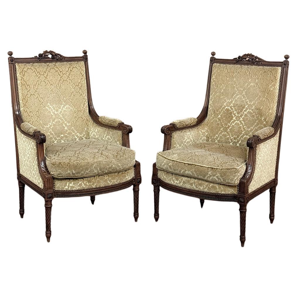 Pair of 19th Century French Louis XVI Walnut Armchairs ~ Bergeres
