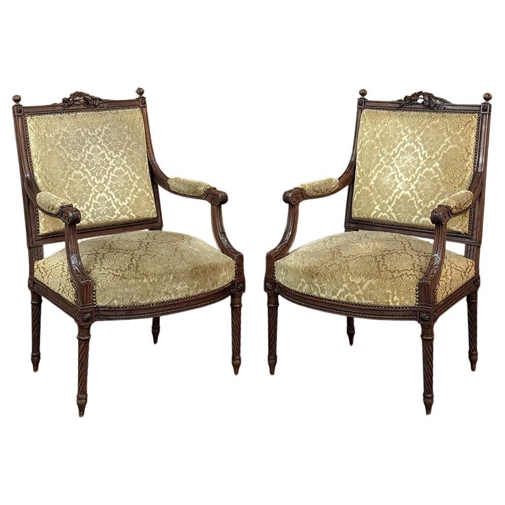 Pair of 19th Century French Louis XVI Walnut Armchairs ~ Fauteuils