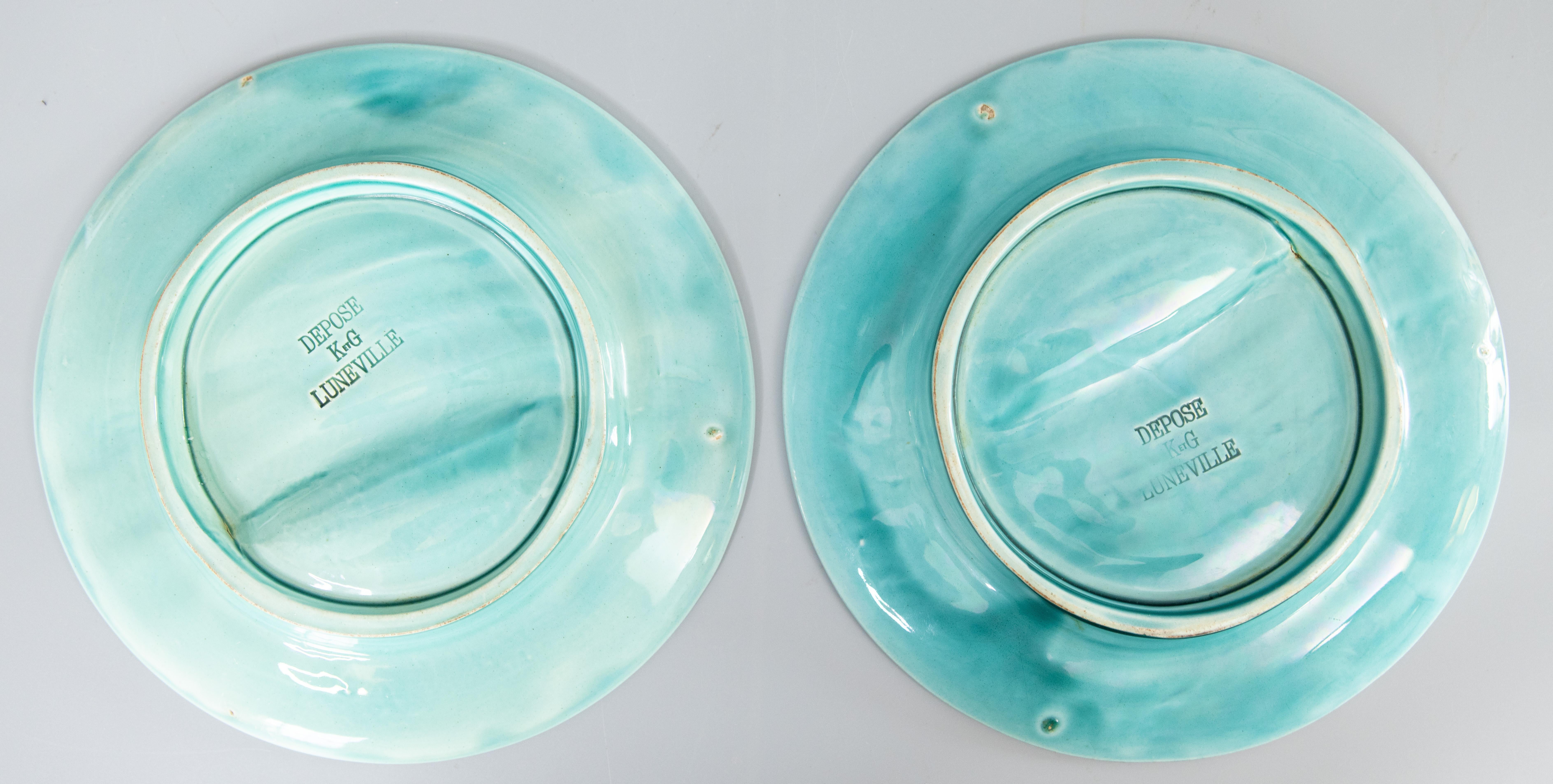 Pair of 19th Century French Luneville Majolica Turquoise Asparagus Plates For Sale 3