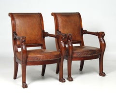 Pair of 19th Century French Mahogany Empire Armchairs with Carved Lions-Heads