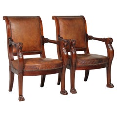 Pair of 19th Century French Mahogany Empire Armchairs with Carved Lions-Heads