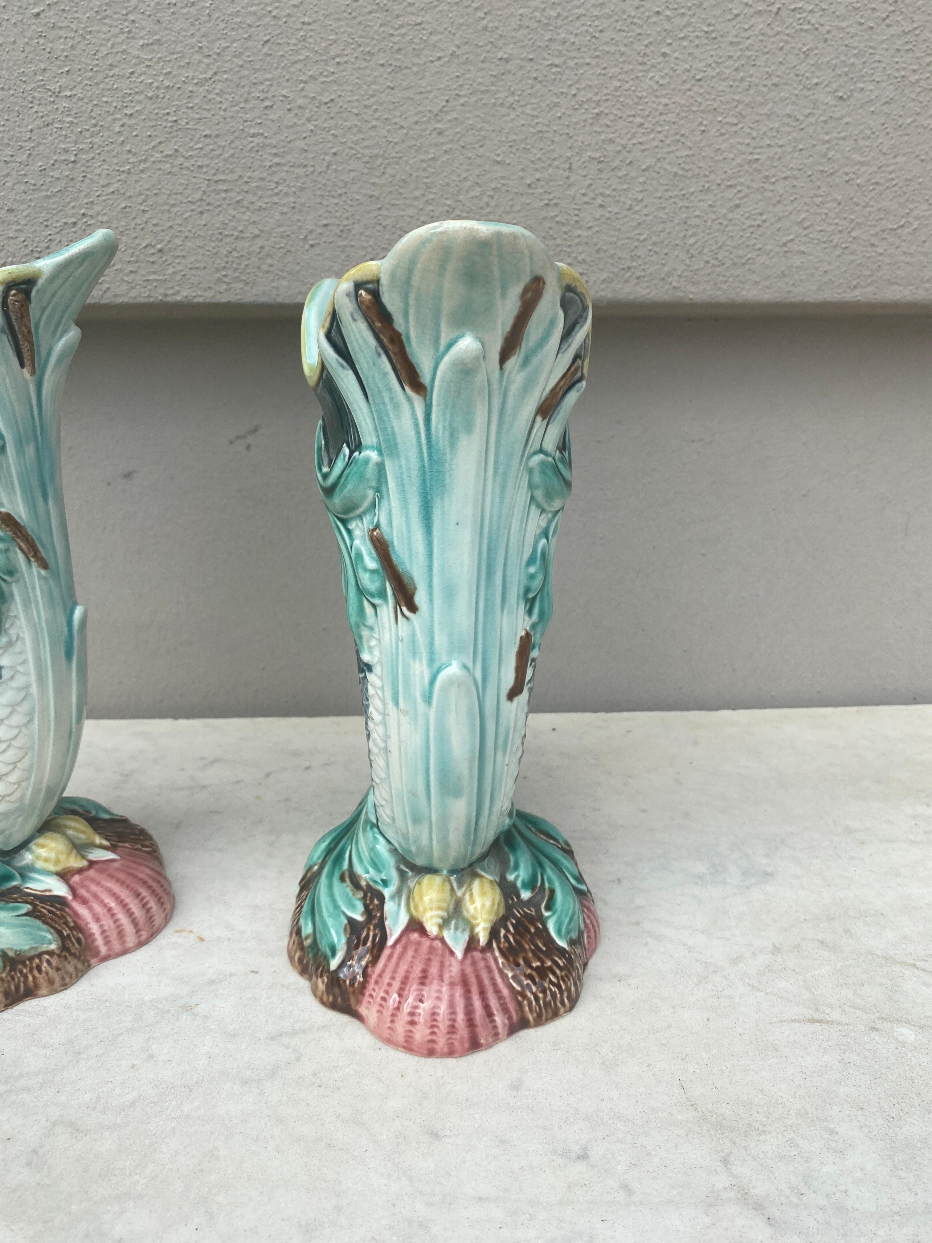 Pair of 19th Century French Majolica Fish Pitchers Saint Amand In Good Condition In Austin, TX