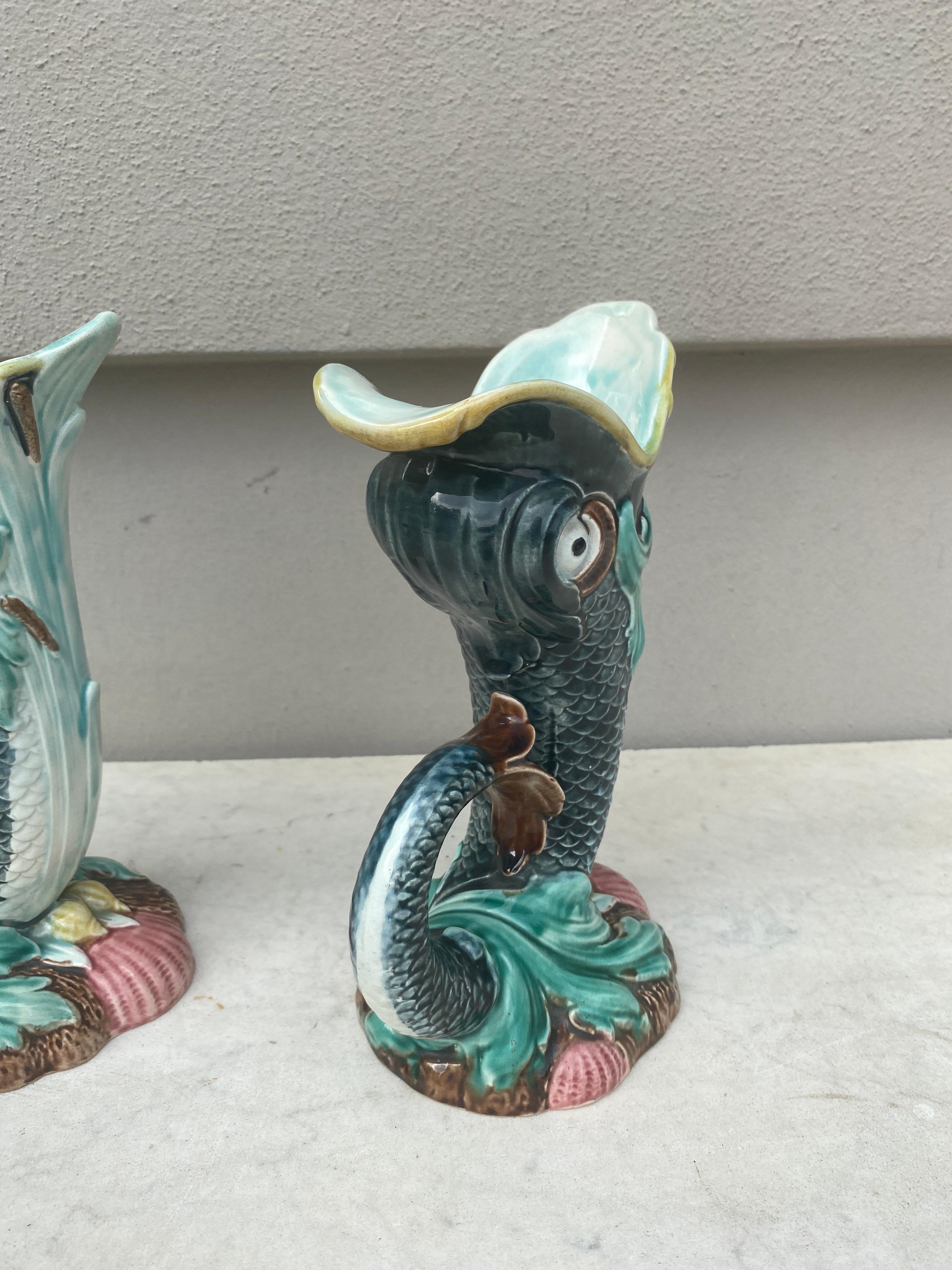 Late 19th Century Pair of 19th Century French Majolica Fish Pitchers Saint Amand