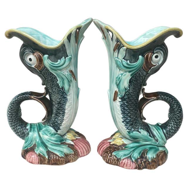 English Pair of Majolica Gurgling Fish Pitchers at 1stDibs