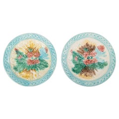 Pair of 19th Century French Majolica Leaf & Floral Plates