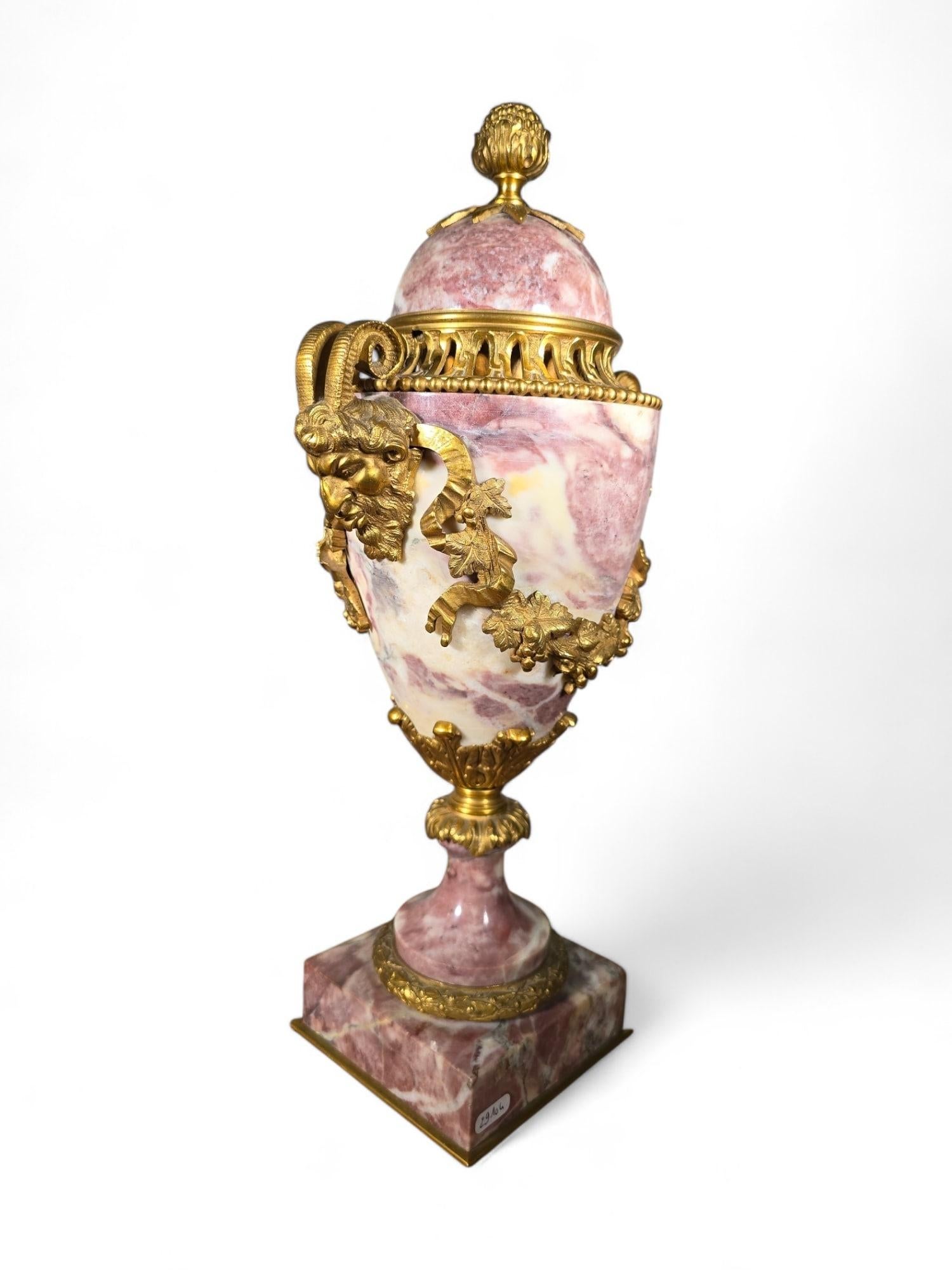 Una splendida coppia di vasi francesi del XIX secolo, sapientemente realizzati in marmo antico e impreziositi da decorazioni in bronzo dorato. Questi eleganti vasi riflettono la raffinata maestria e il design lussuoso sinonimo di artigianato