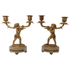 Pair of 19th Century French Marble Bronze and Gilt Bronze Candlesticks