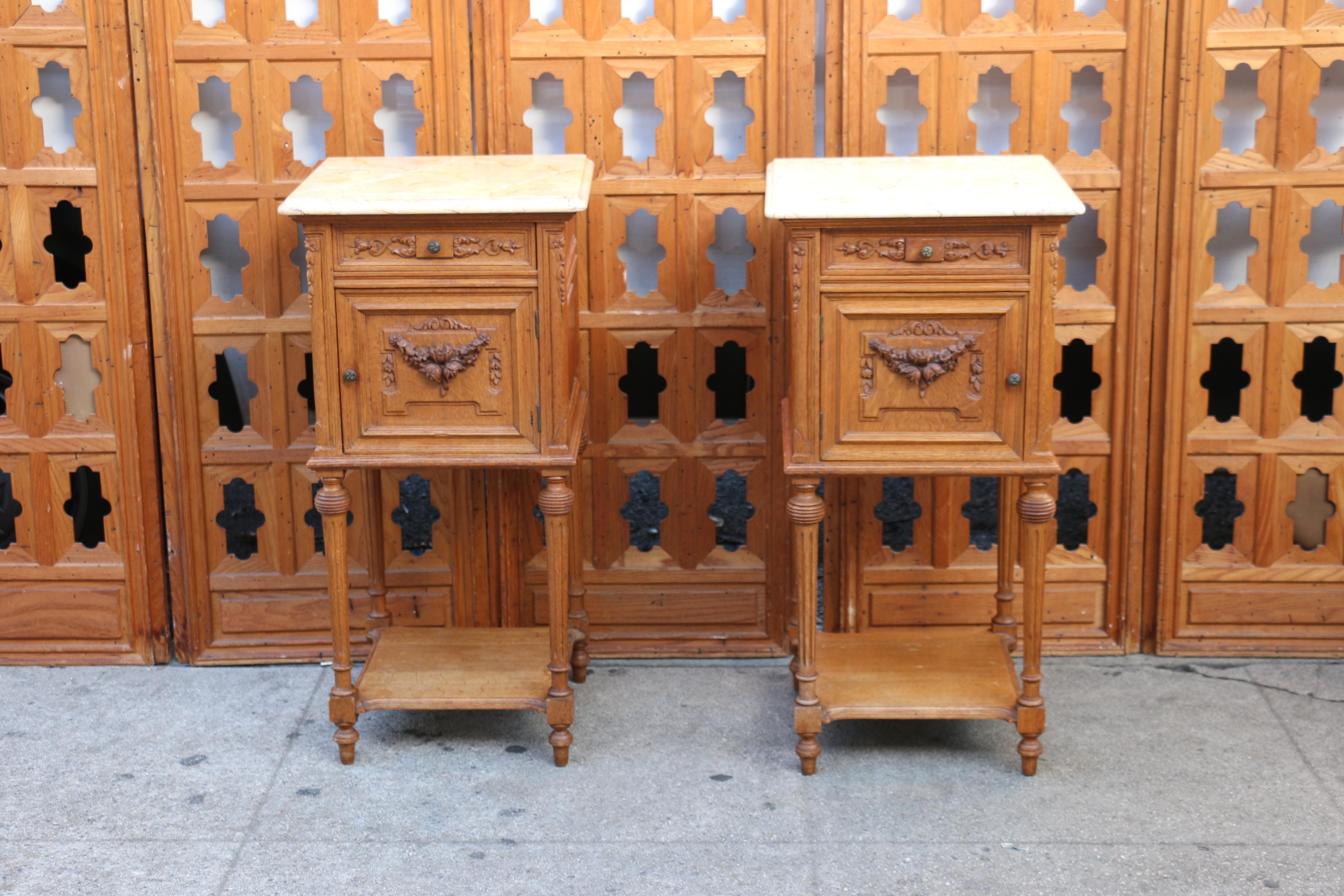 French Provincial Pair of 19th Century French Marble Top Bedside Tables For Sale