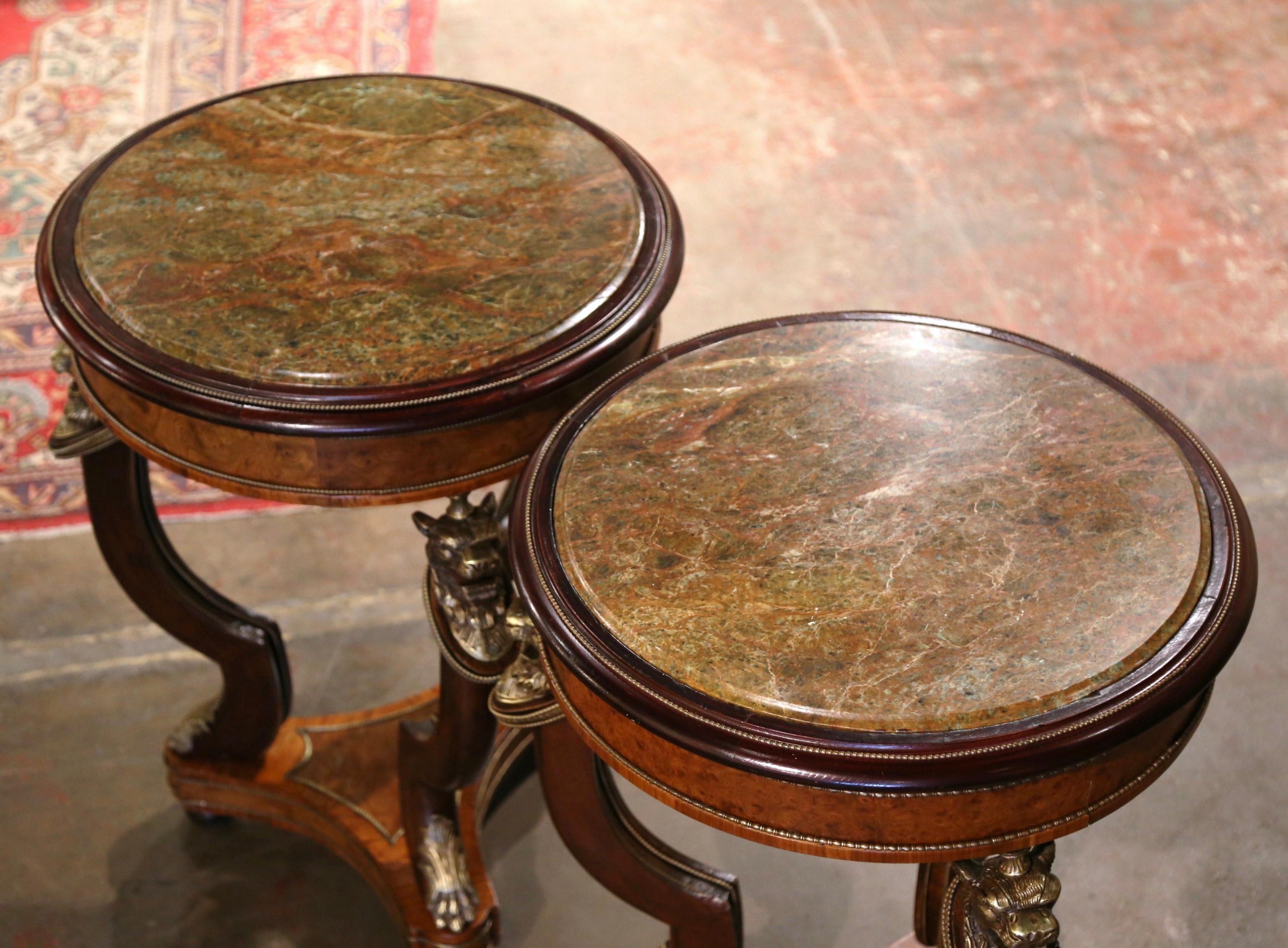Empire Pair of 19th Century French Marble Top Carved Burl Walnut Gueridon Tables For Sale