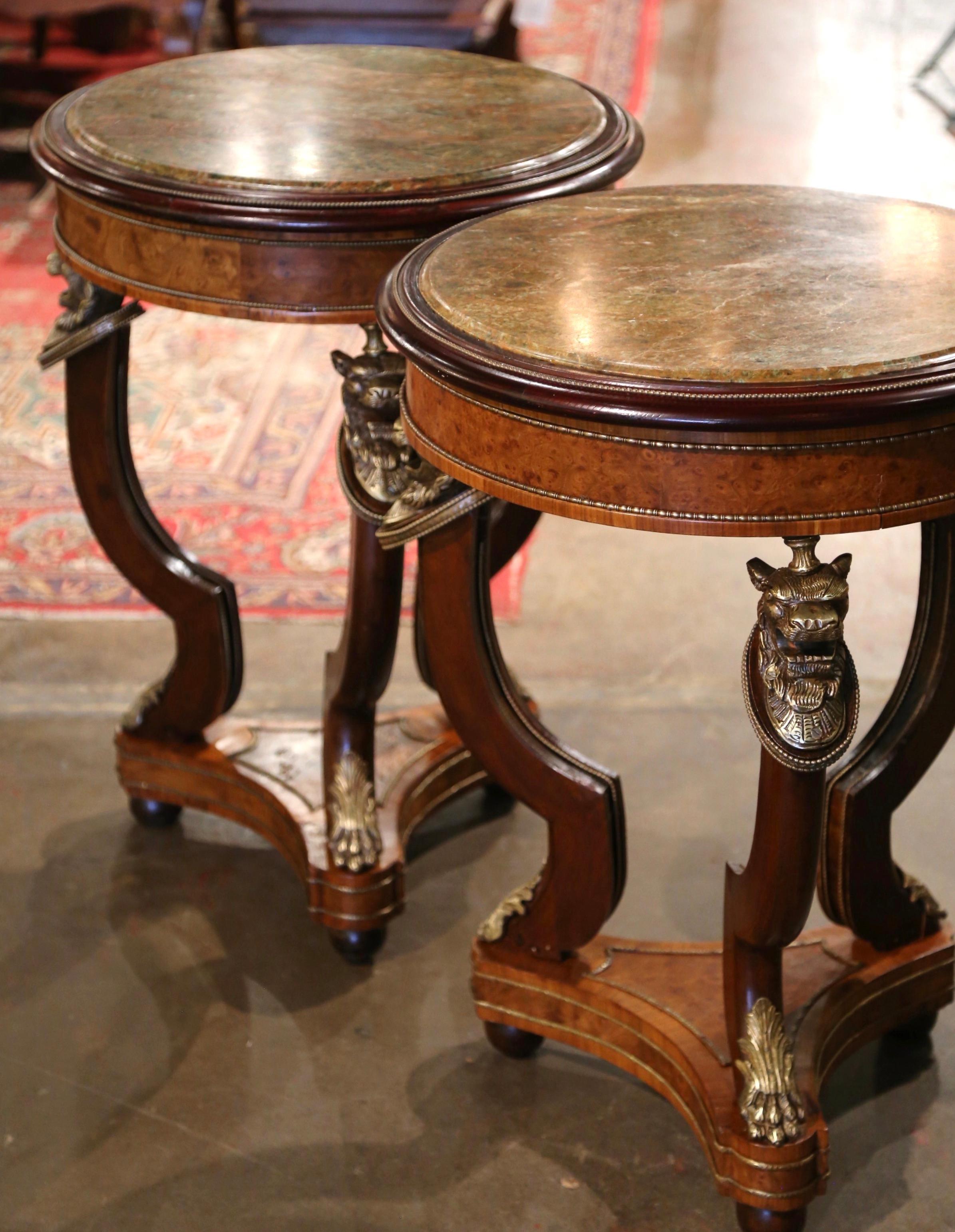 Hand-Carved Pair of 19th Century French Marble Top Carved Burl Walnut Gueridon Tables For Sale