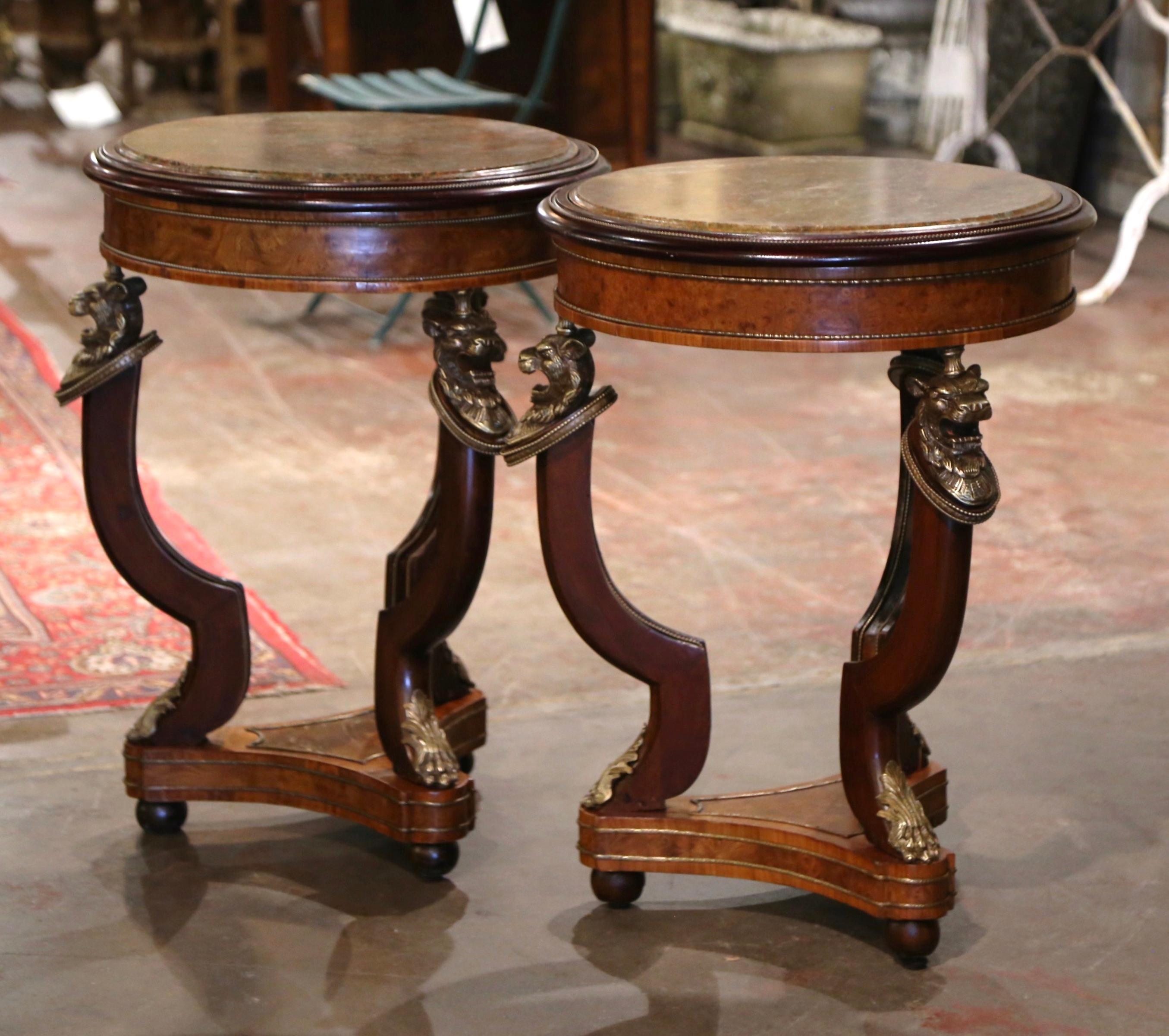 Pair of 19th Century French Marble Top Carved Burl Walnut Gueridon Tables In Excellent Condition For Sale In Dallas, TX