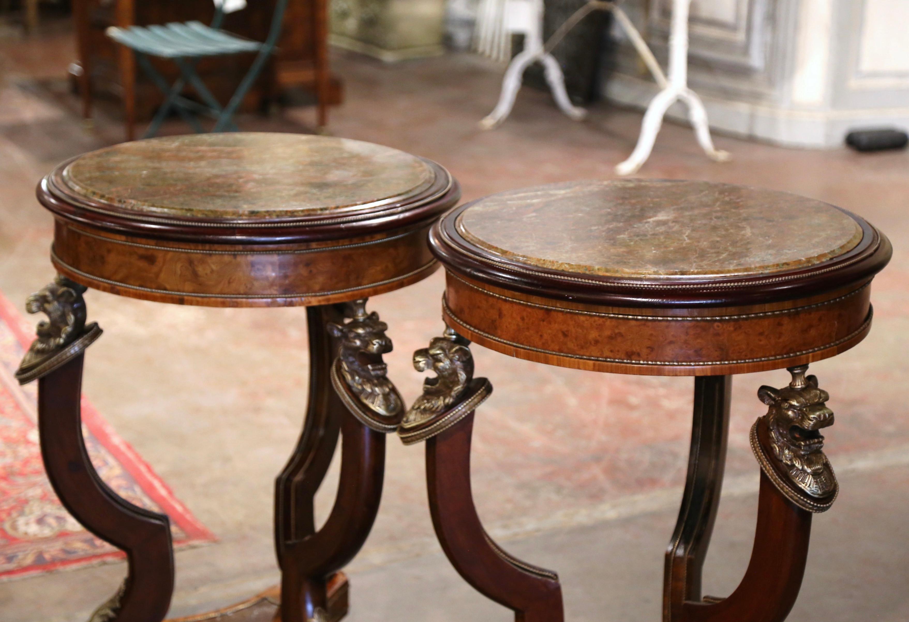 Pair of 19th Century French Marble Top Carved Burl Walnut Gueridon Tables For Sale 1
