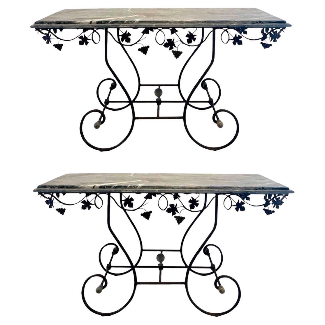 Pair of 19th Century French Marble Top Iron Consoles with Grape Detail