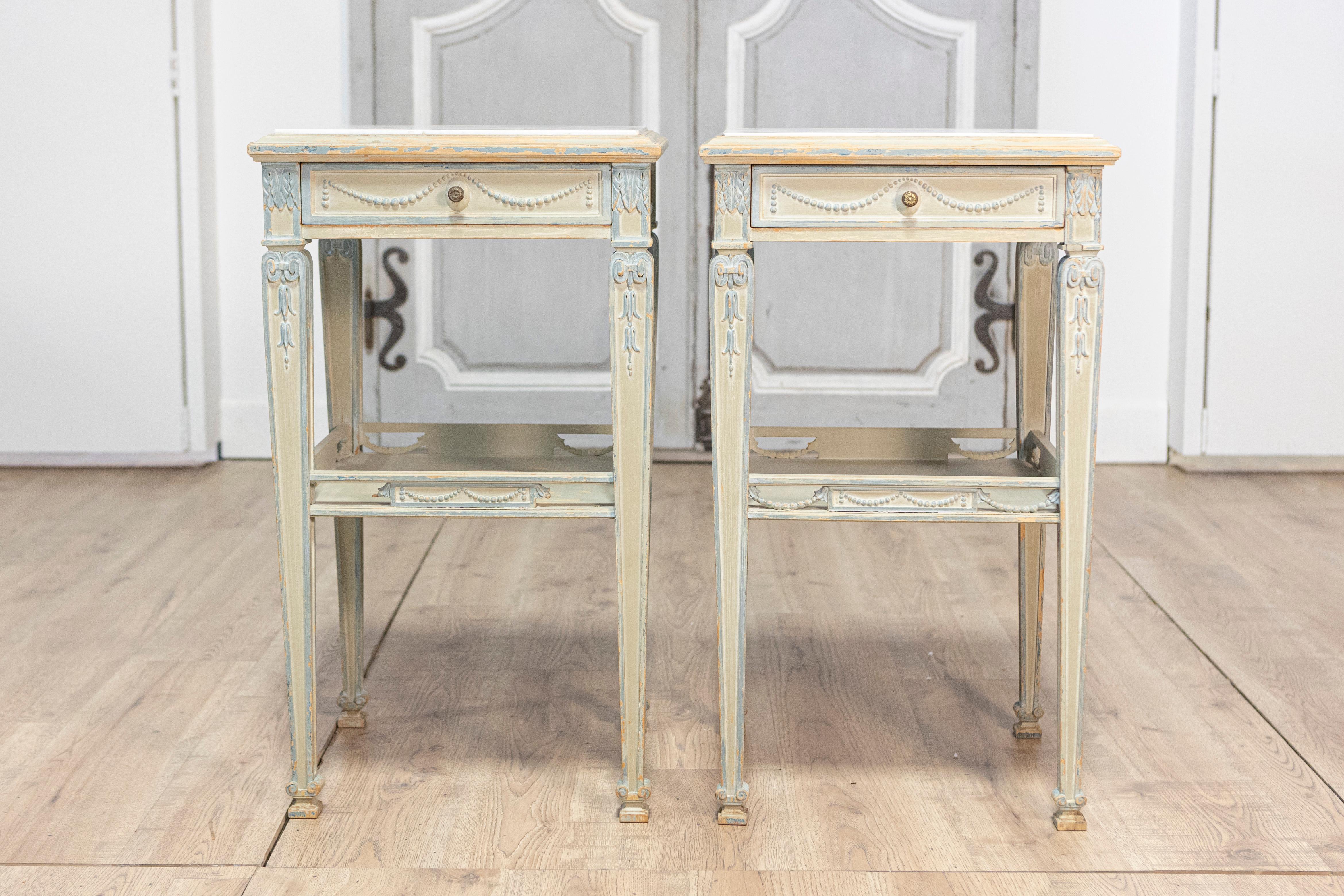 Louis XVI Pair of 19th Century French Marble Top Nightstands For Sale