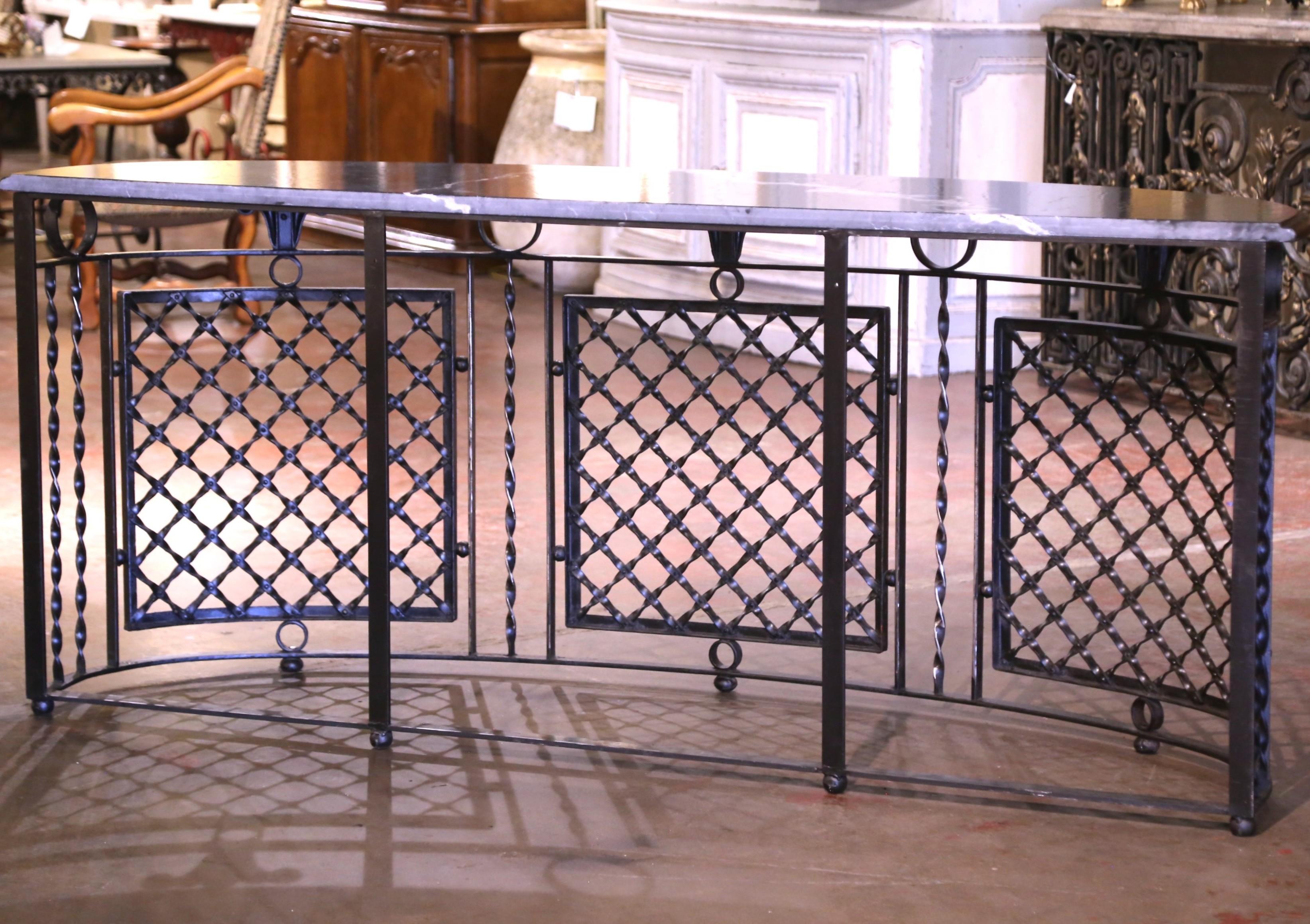 Pair of 19th Century French Marble Top Polished Iron Bow Front Console Tables For Sale 5