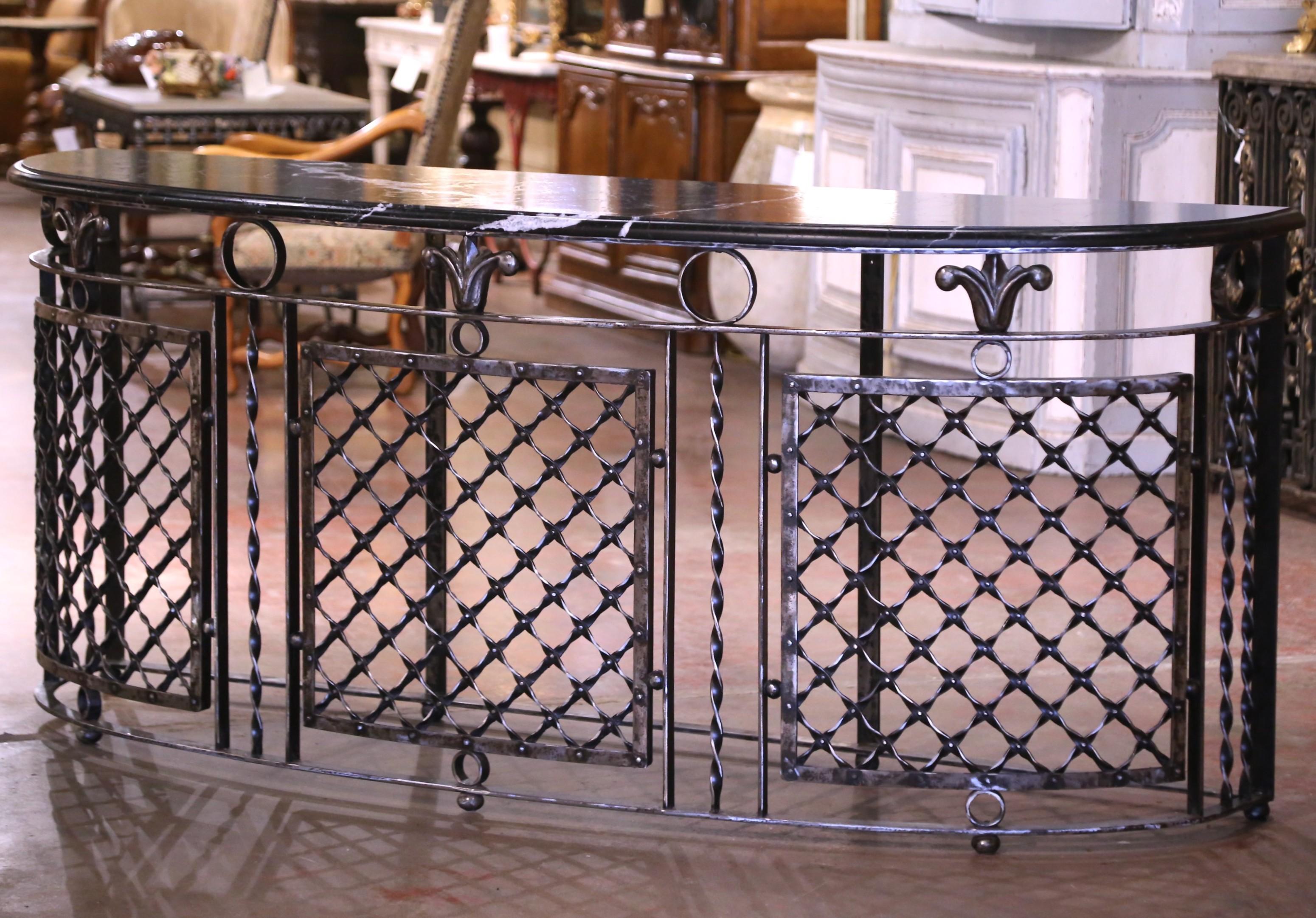 Art Nouveau Pair of 19th Century French Marble Top Polished Iron Bow Front Console Tables For Sale