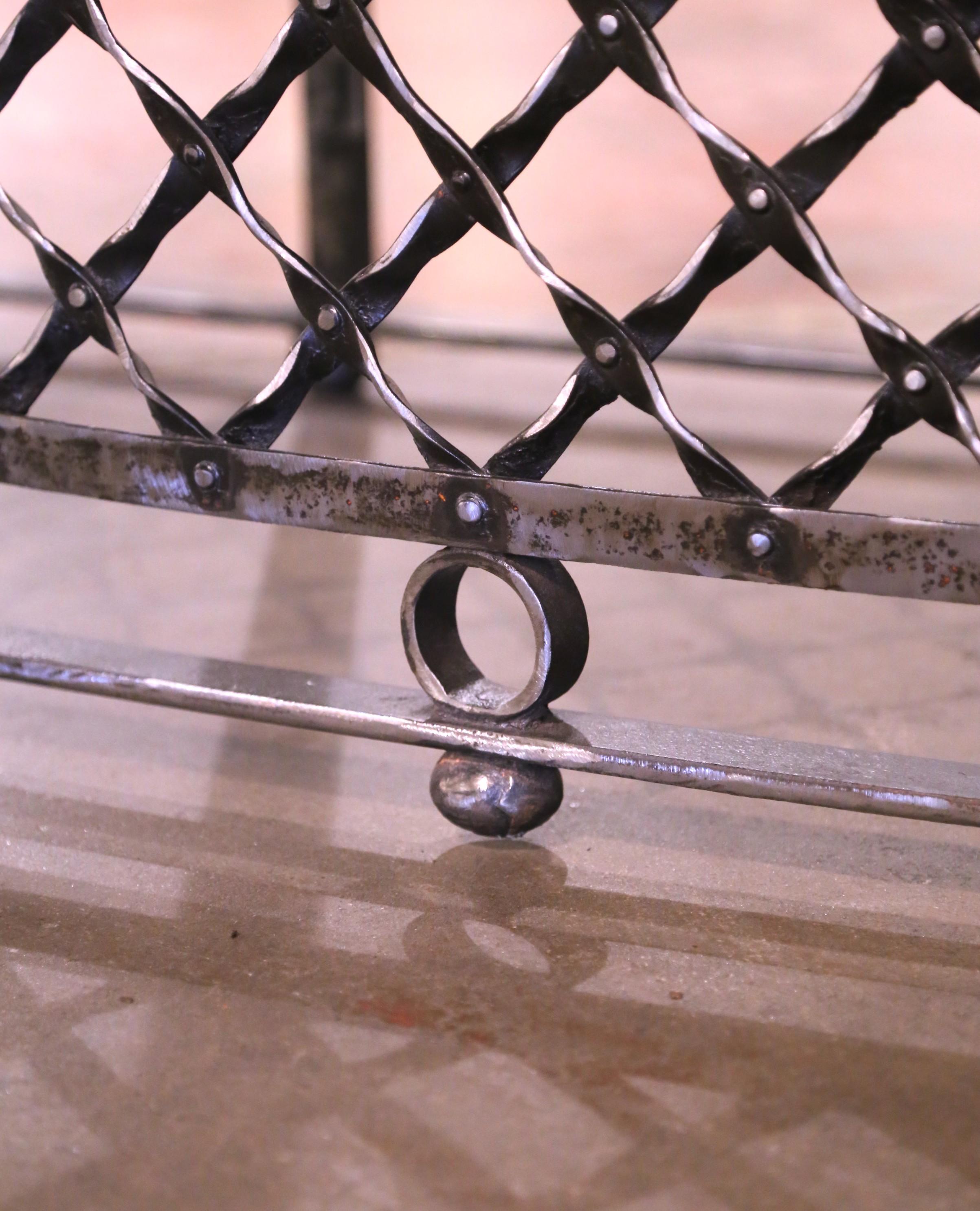 Wrought Iron Pair of 19th Century French Marble Top Polished Iron Bow Front Console Tables For Sale