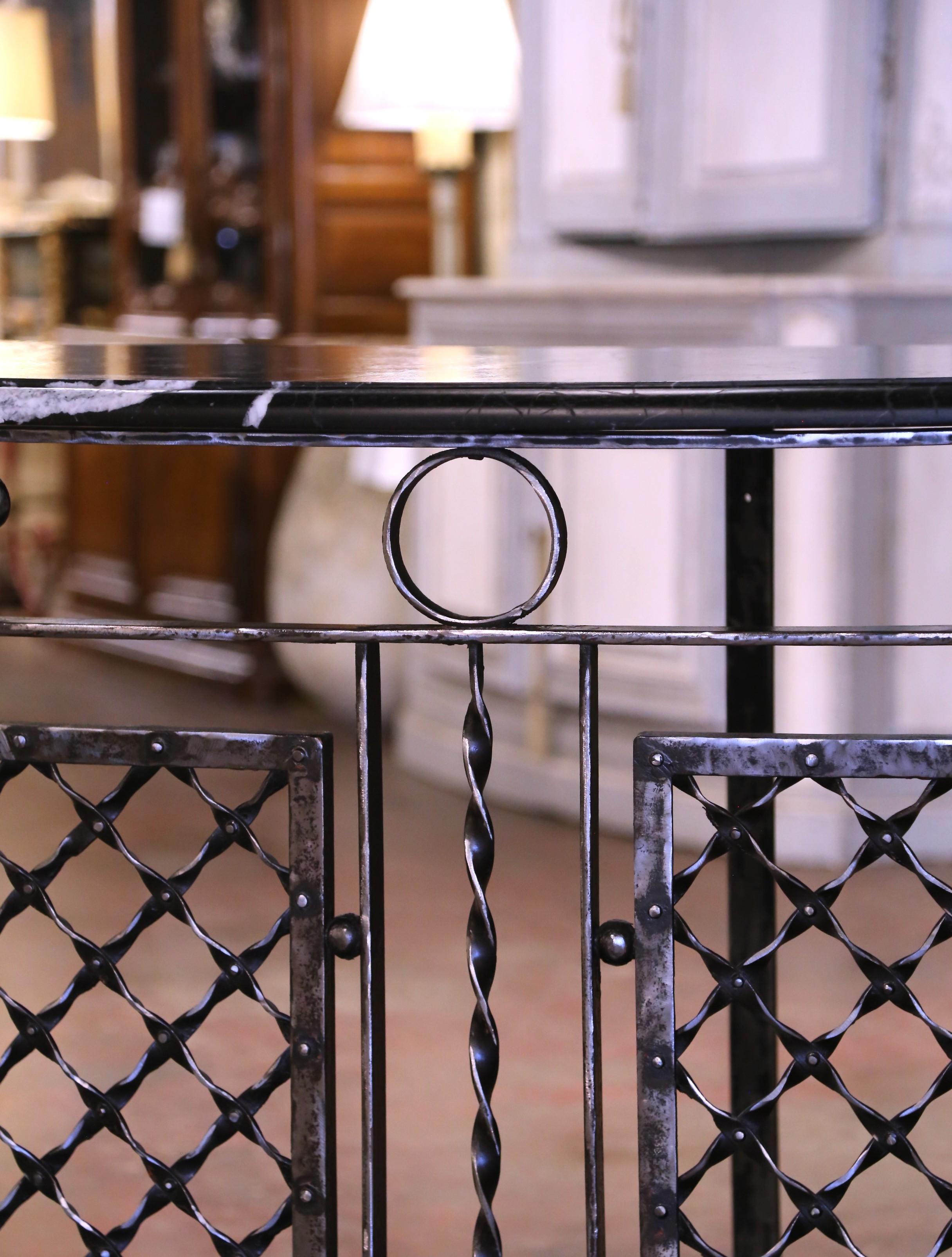 Pair of 19th Century French Marble Top Polished Iron Bow Front Console Tables For Sale 1