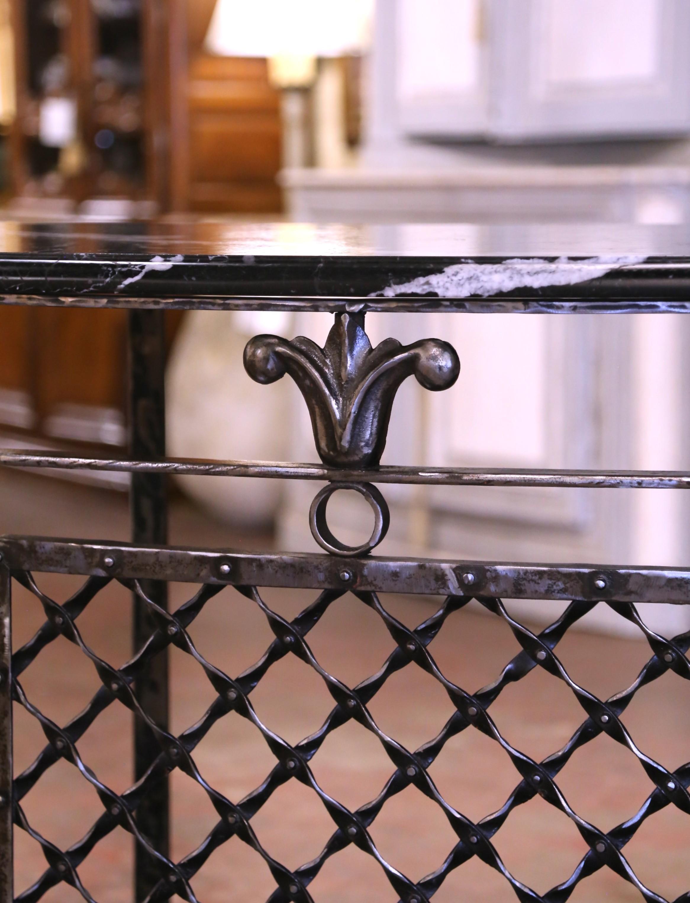Pair of 19th Century French Marble Top Polished Iron Bow Front Console Tables For Sale 2
