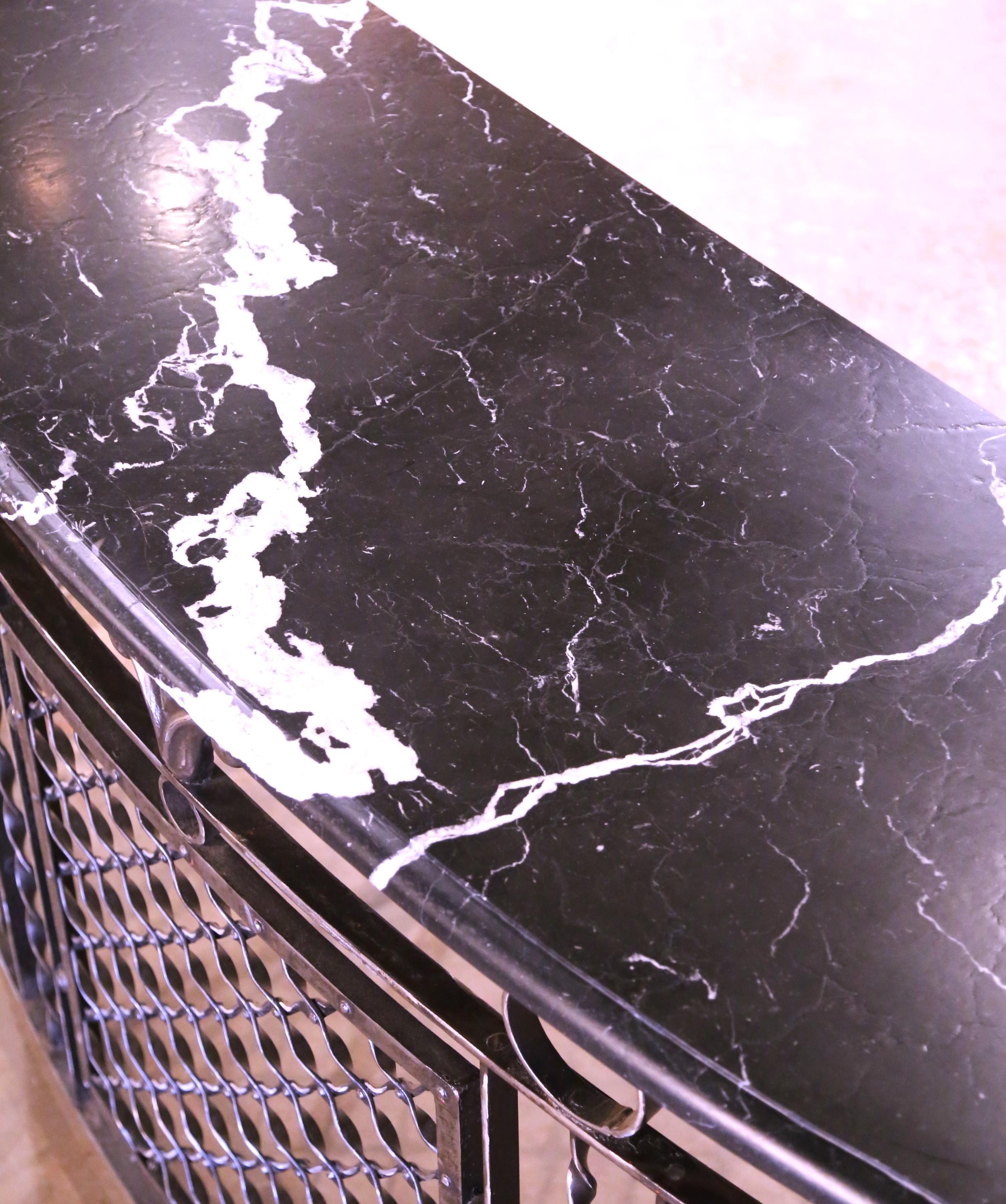 Pair of 19th Century French Marble Top Polished Iron Bow Front Console Tables For Sale 3