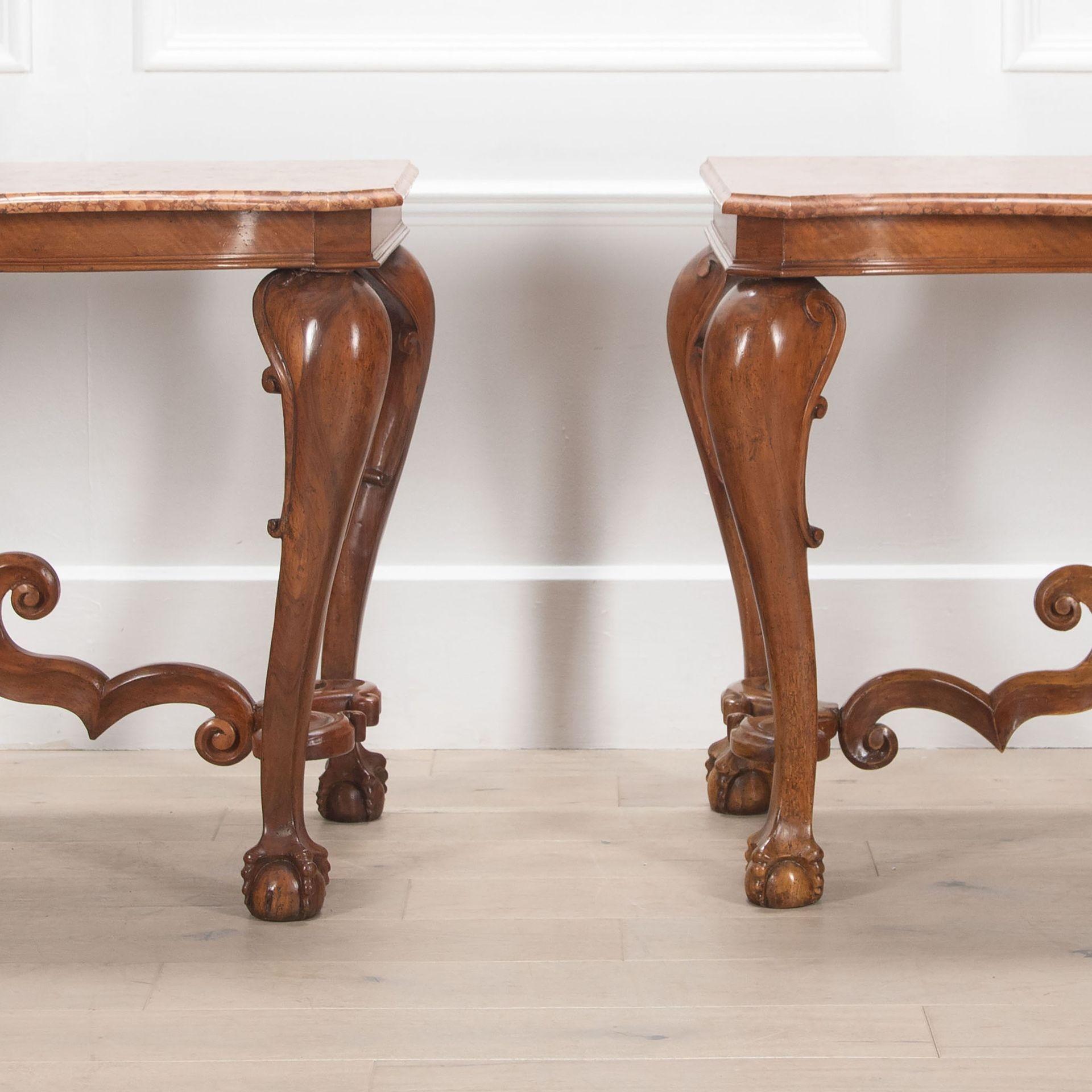Pair of 19th Century French Marble Top Walnut Console Tables For Sale 1