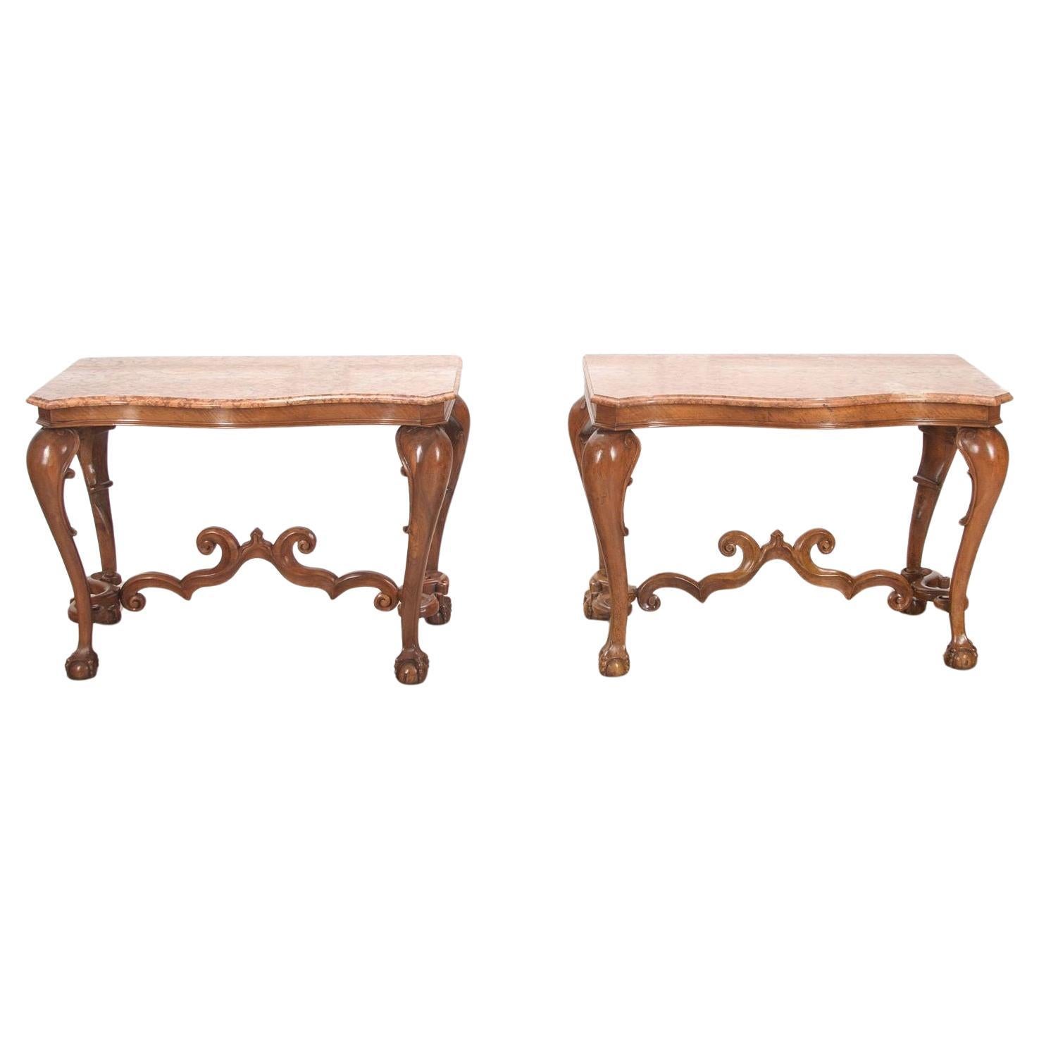 Pair of 19th Century French Marble Top Walnut Console Tables