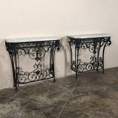Pair of 19th Century French Marble-Top Wrought Iron Hand-Forged Consoles