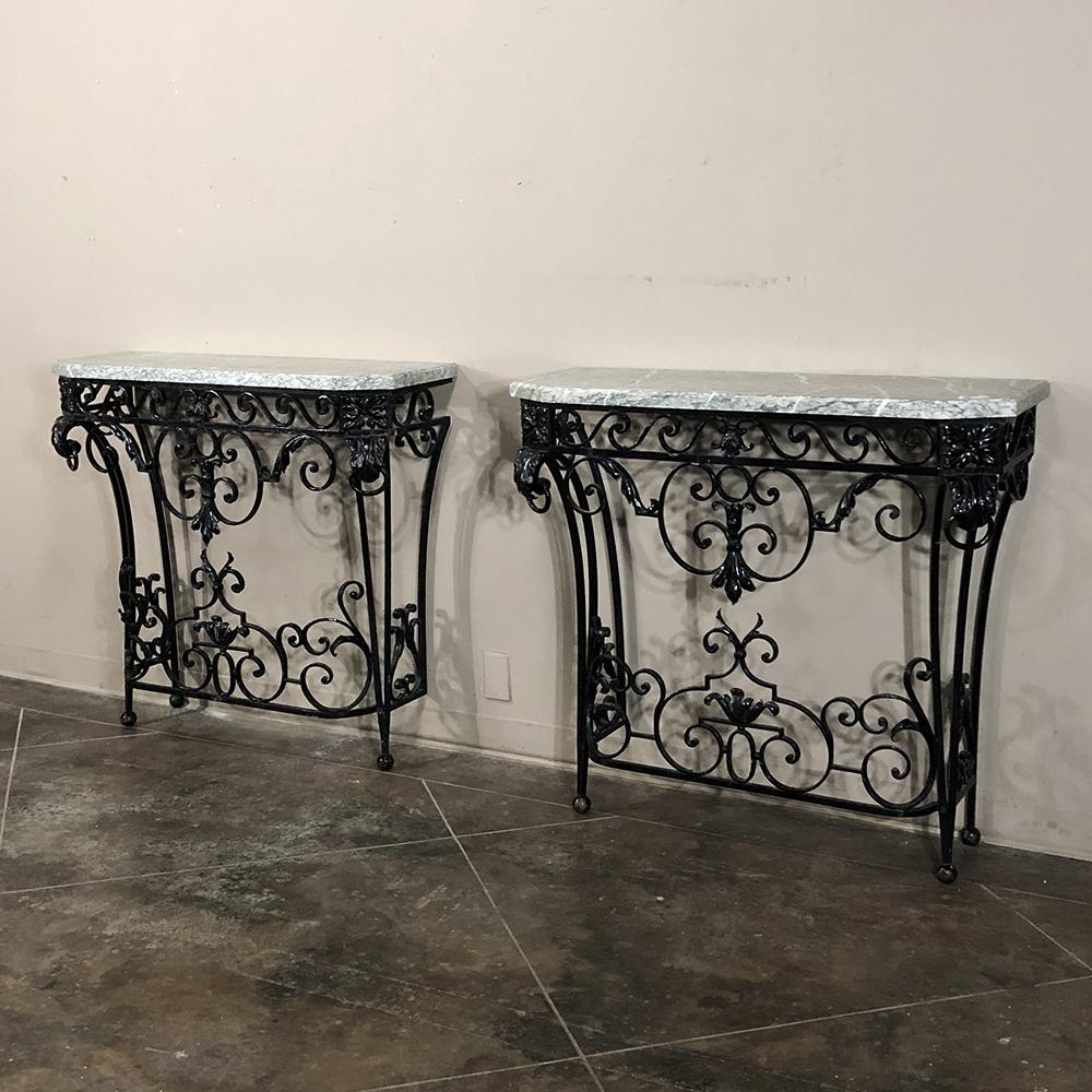Louis XV Pair of 19th Century French Marble-Top Wrought Iron Hand-Forged Consoles