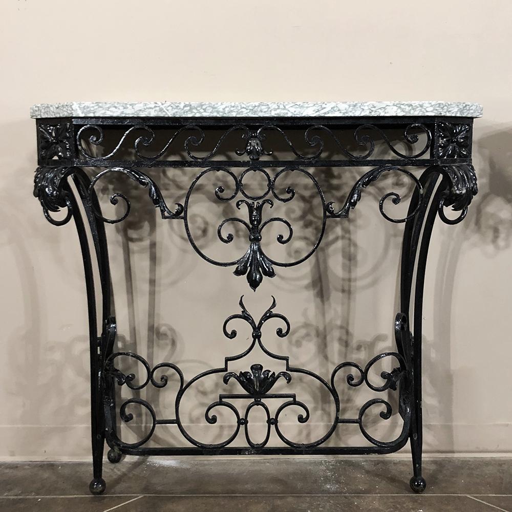 Polished Pair of 19th Century French Marble-Top Wrought Iron Hand-Forged Consoles