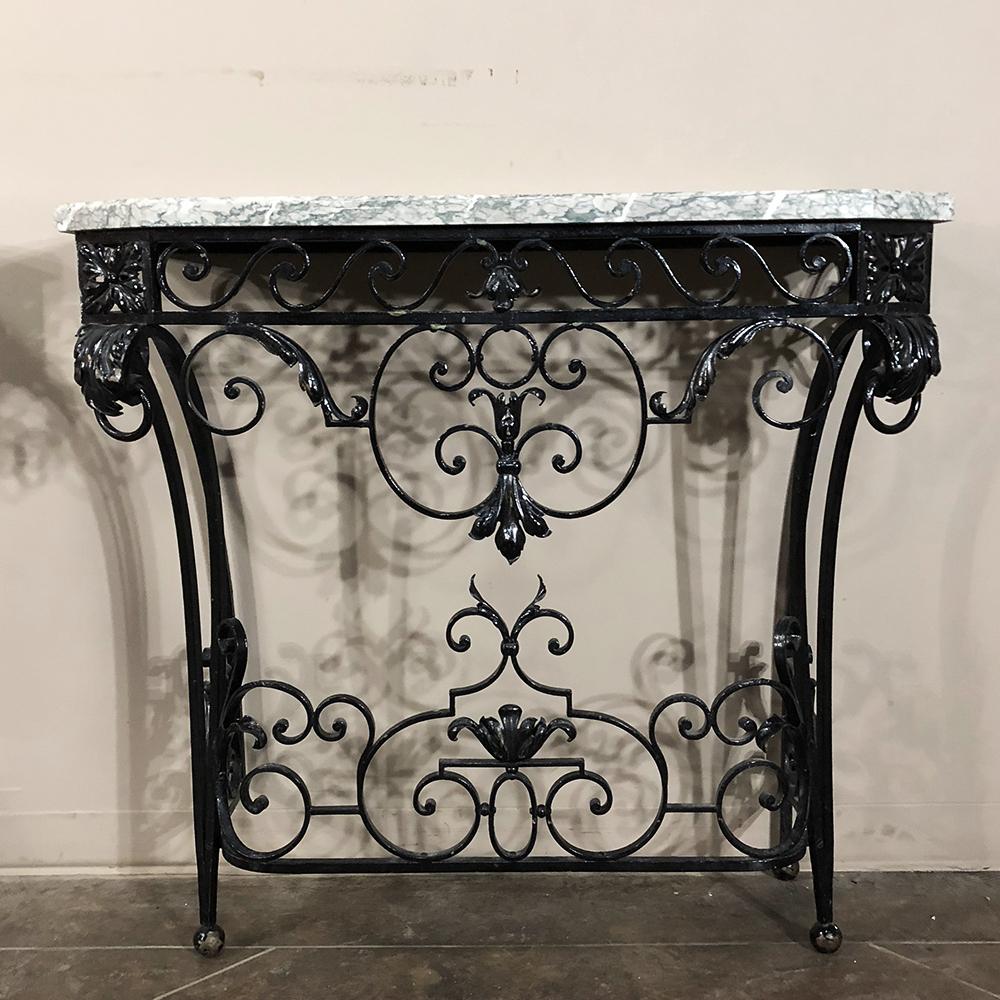 Pair of 19th Century French Marble-Top Wrought Iron Hand-Forged Consoles In Good Condition In Dallas, TX