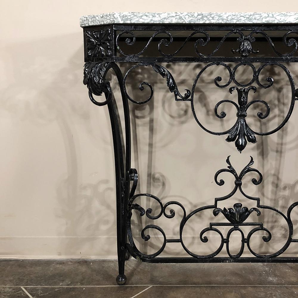 Late 19th Century Pair of 19th Century French Marble-Top Wrought Iron Hand-Forged Consoles