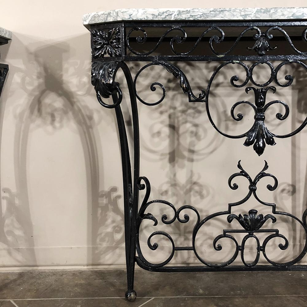 Pair of 19th Century French Marble-Top Wrought Iron Hand-Forged Consoles 2