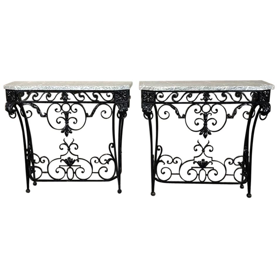Pair of 19th Century French Marble-Top Wrought Iron Hand-Forged Consoles