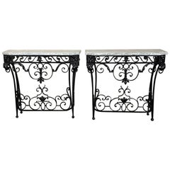 Pair of 19th Century French Marble-Top Wrought Iron Hand-Forged Consoles