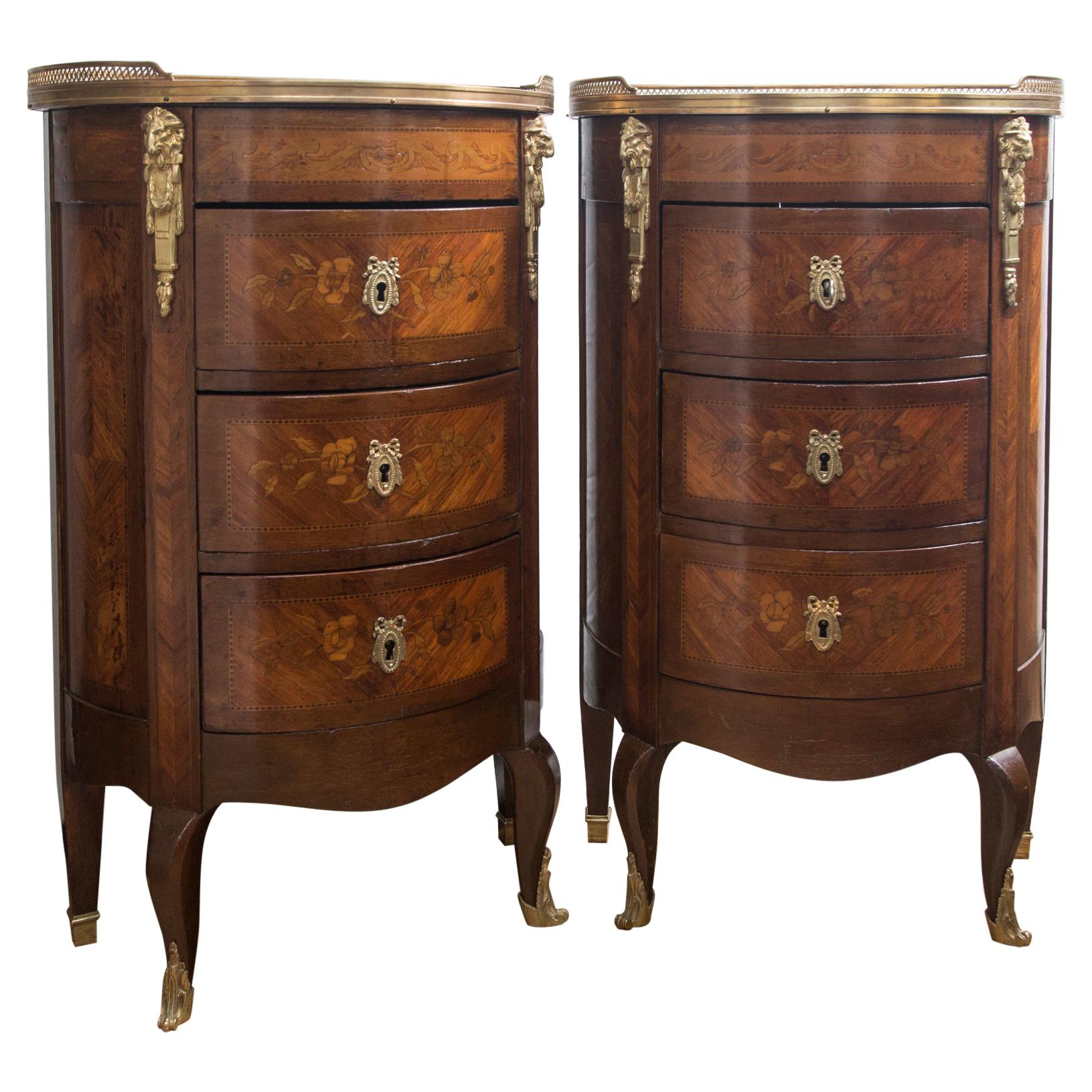 Pair of 19th Century French Marble Topped D Shaped Transitional Bedside Tables For Sale
