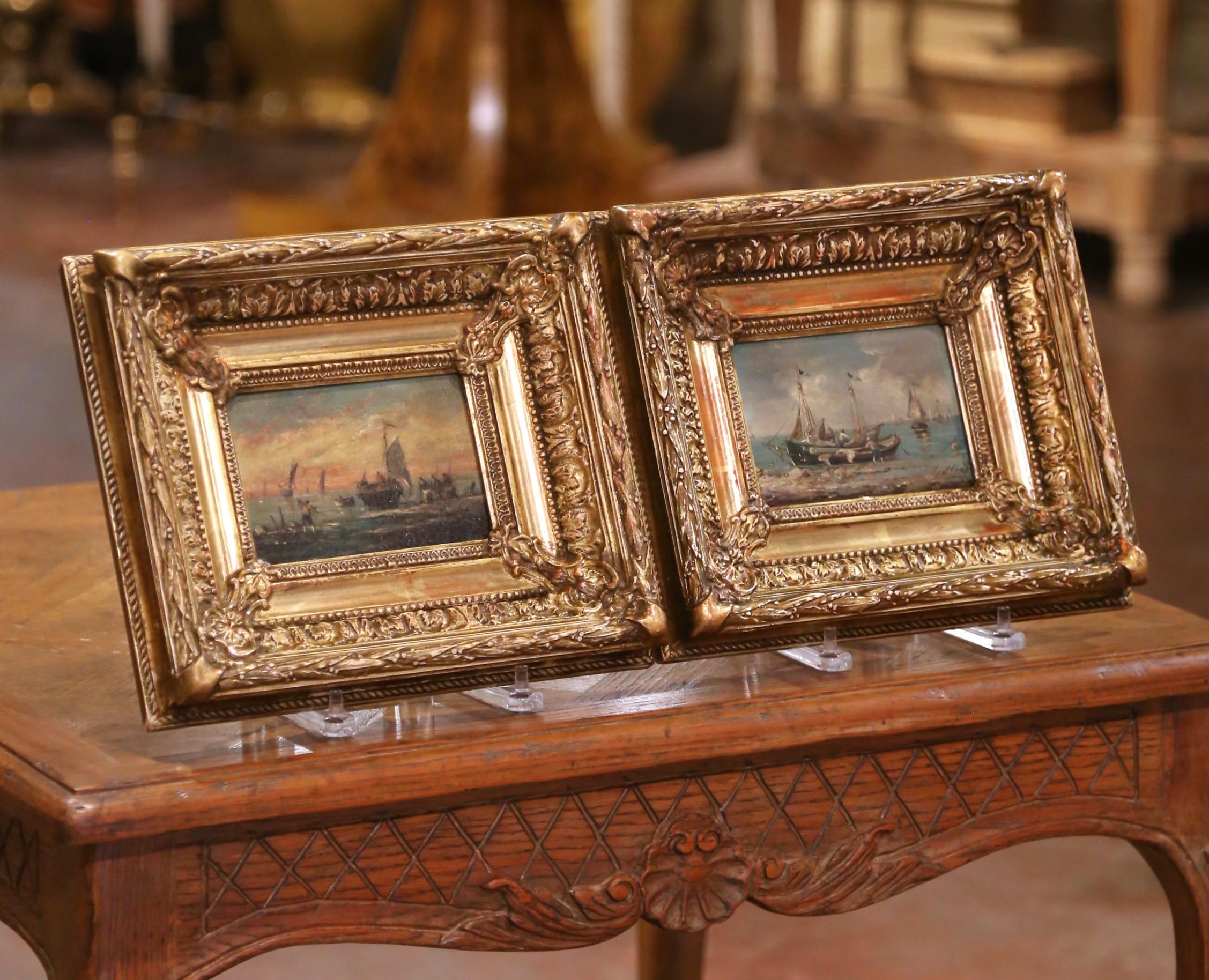 This charming pair of 19th-century French marine oil paintings was executed on panel circa 1870. Each small-scale composition (11.5