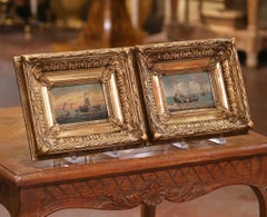 Coppia di dipinti a olio di Marin del XIX secolo in cornici di legno dorato, datati 1878