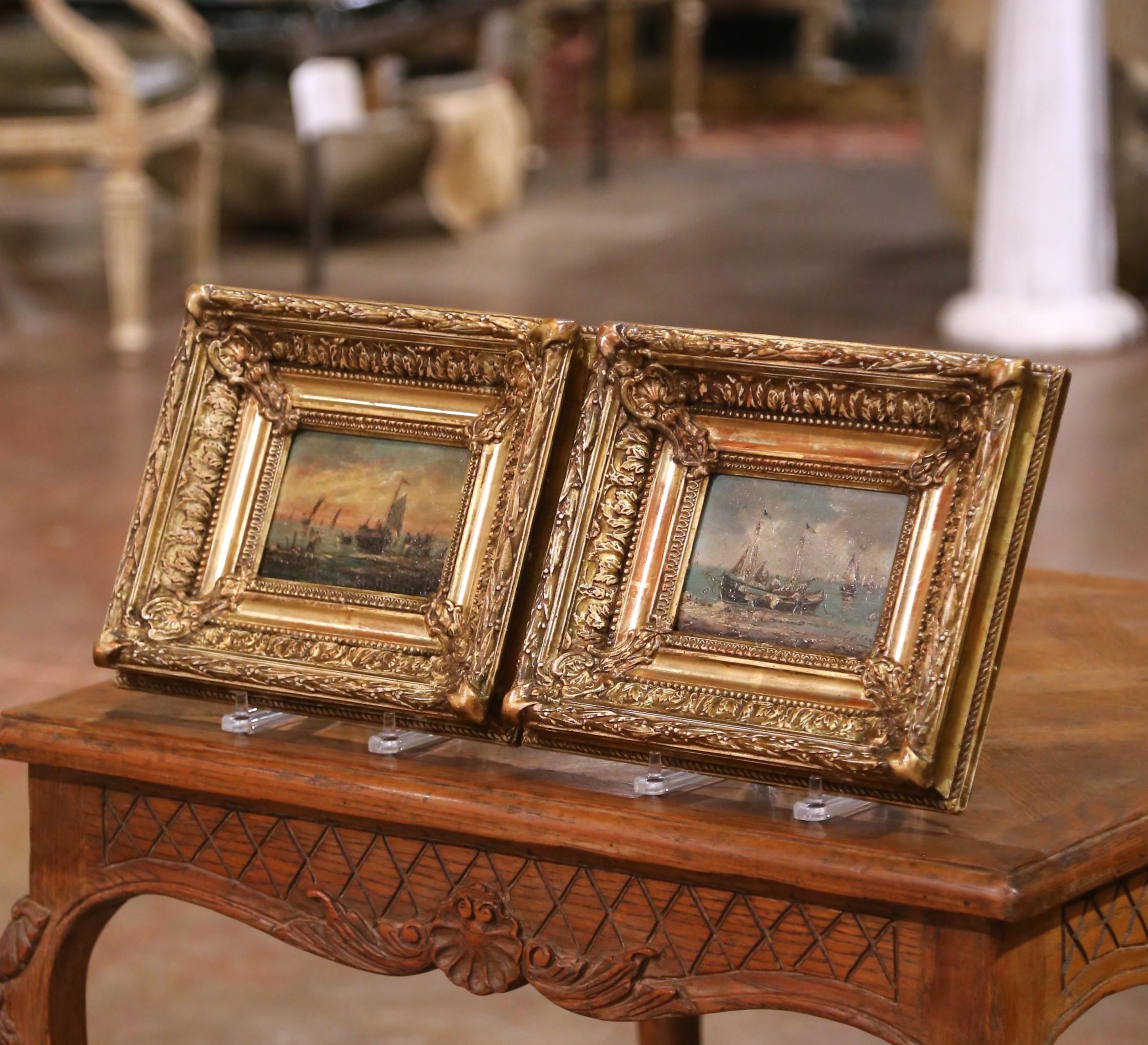 Carved Pair of 19th Century French Marine Oil Paintings in Giltwood Frames, Dated 1878 For Sale