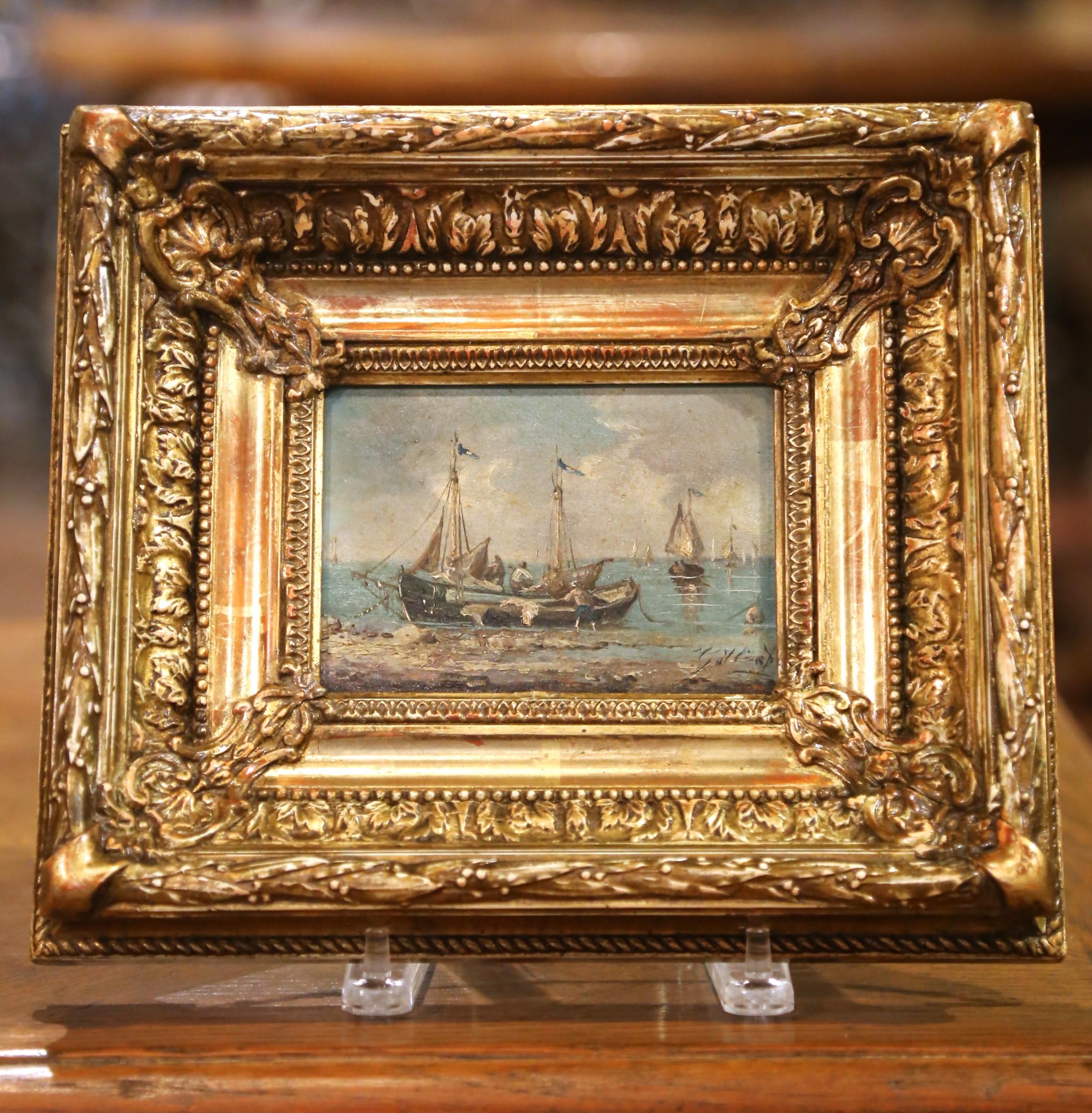 Pair of 19th Century French Marine Oil Paintings in Giltwood Frames, Dated 1878 In Excellent Condition For Sale In Dallas, TX