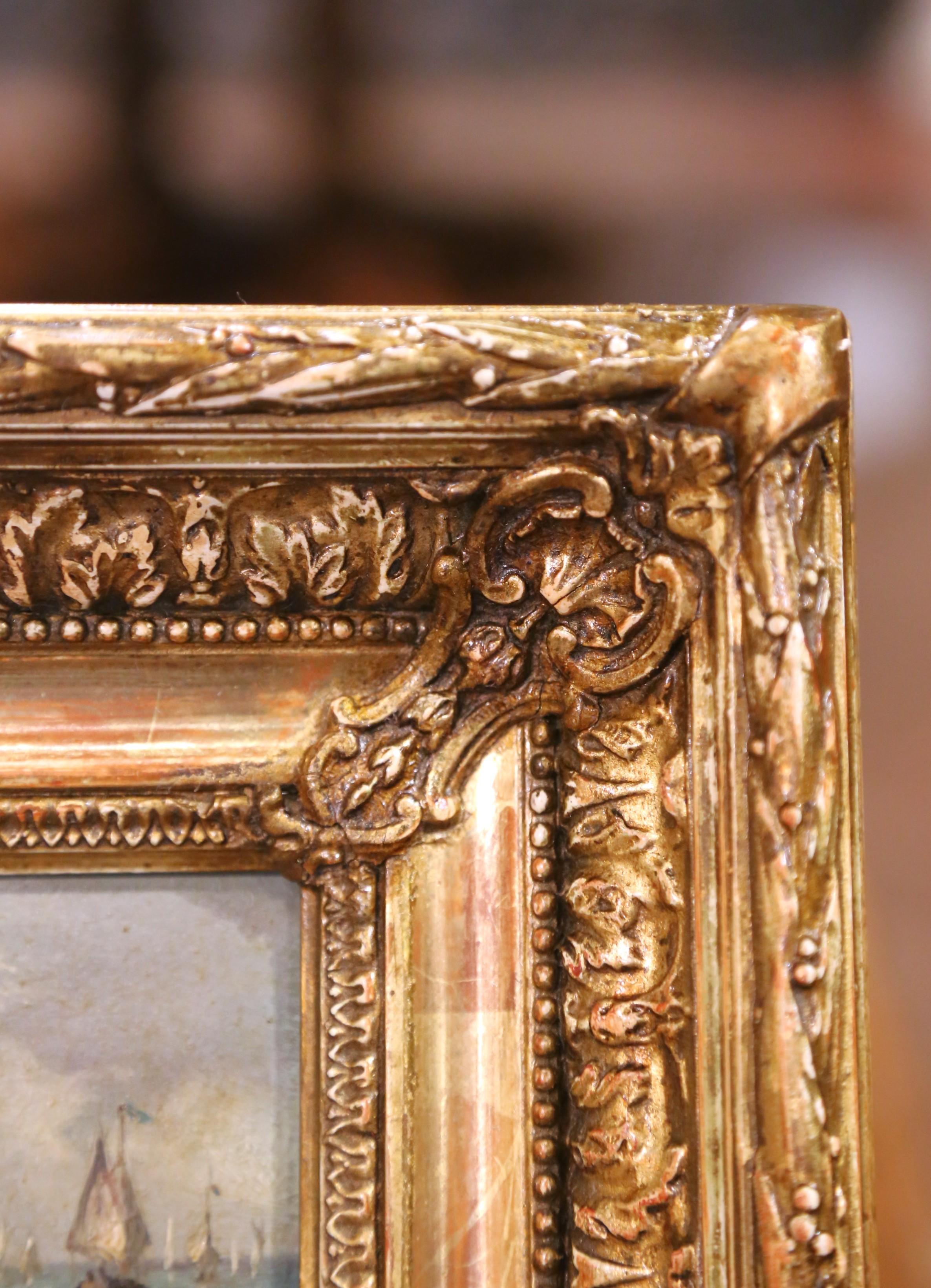 Pair of 19th Century French Marine Oil Paintings in Giltwood Frames, Dated 1878 For Sale 5