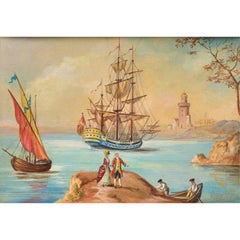 Pair of 19th Century French Maritime Gouaches, Ships at Sea in Gilt Frames