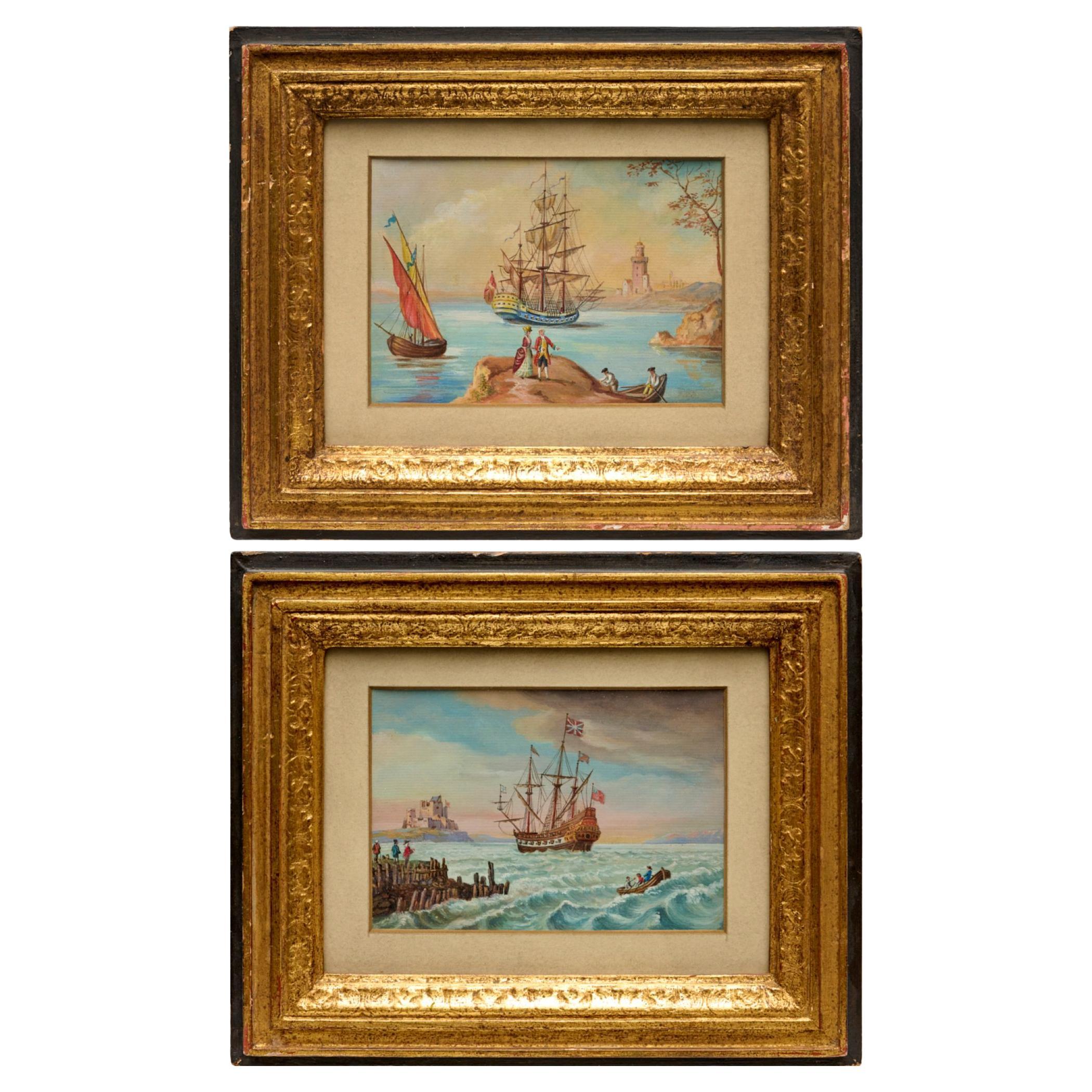 Pair of 19th Century French Maritime Gouaches, Ships at Sea in Gilt Frames